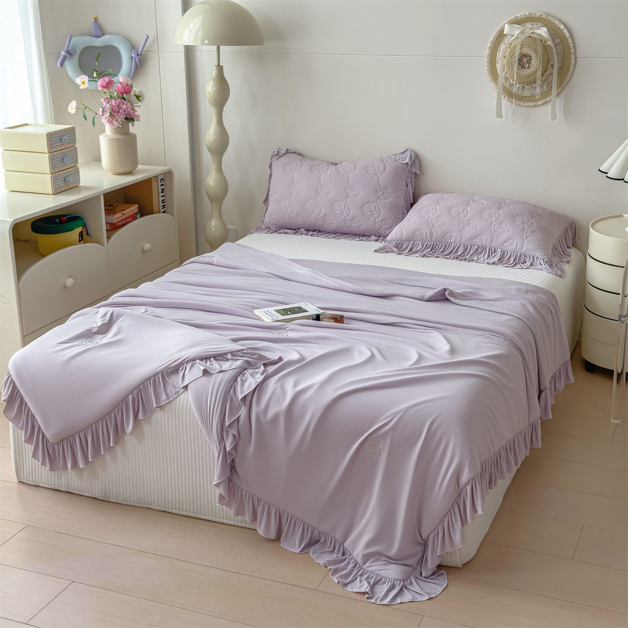 91家纺网 家纺一手货源 找家纺 雯豆家纺 【10A抗菌】2026新款氨纶凉感丝花边夏被夏凉被夏季冰丝空调被子被芯 氨纶花边夏被-香芋紫