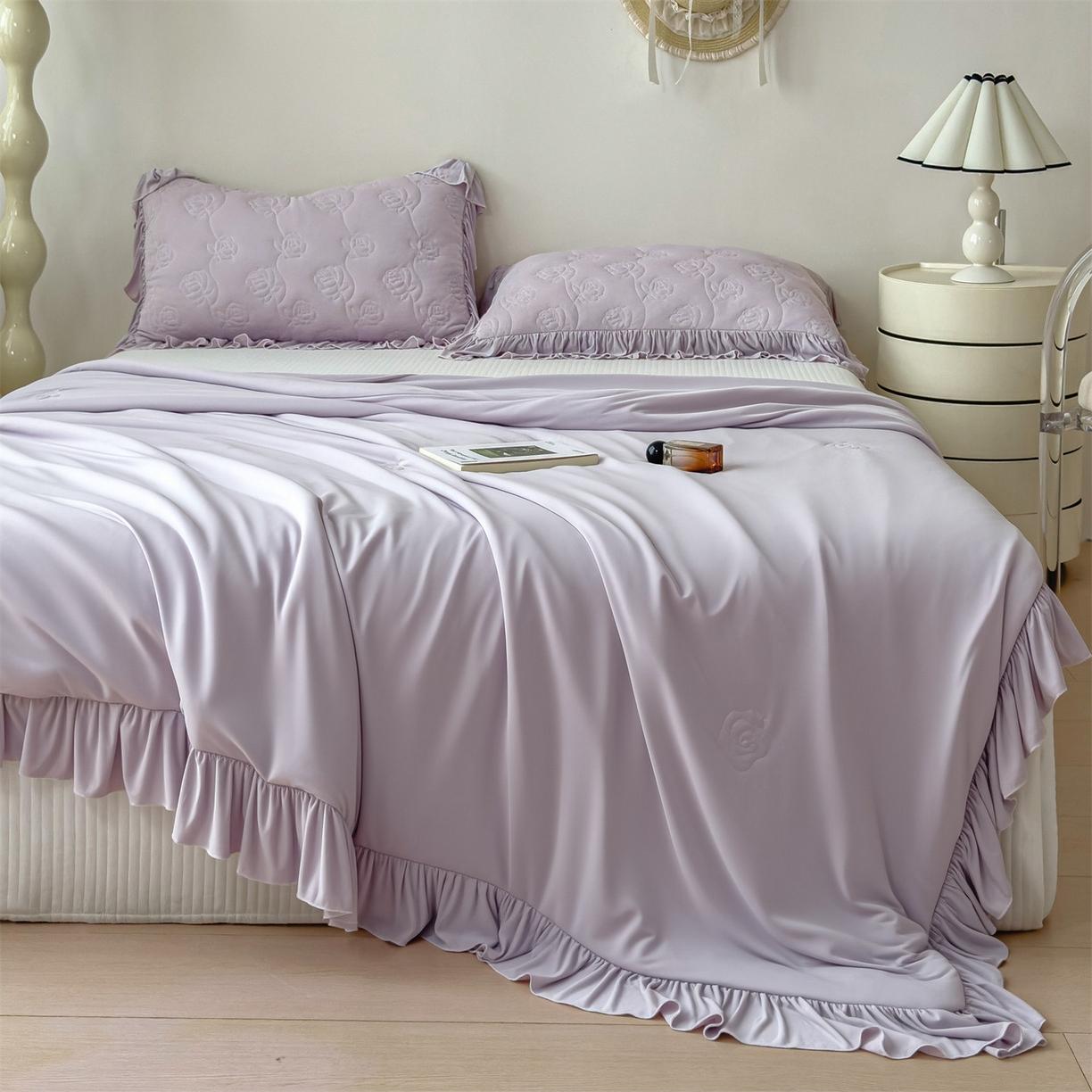 91家纺网 家纺一手货源 找家纺 雯豆家纺 【10A抗菌】2026新款氨纶凉感丝花边夏被夏凉被夏季冰丝空调被子被芯 氨纶花边夏被-香芋紫