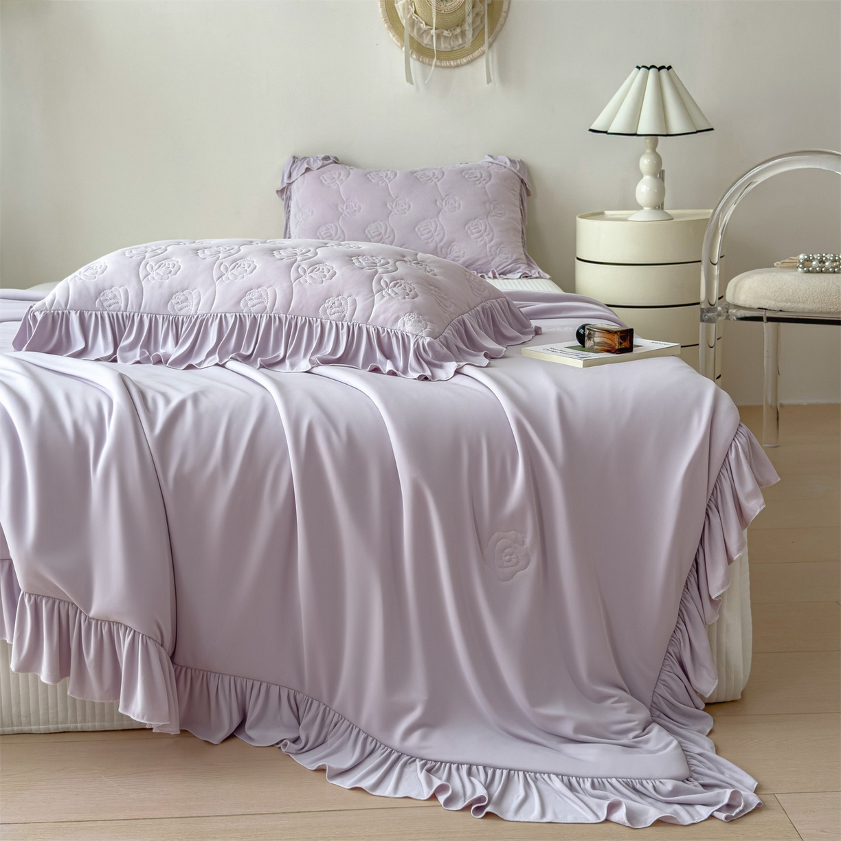 91家纺网 家纺一手货源 找家纺 雯豆家纺 【10A抗菌】2026新款氨纶凉感丝花边夏被夏凉被夏季冰丝空调被子被芯 氨纶花边夏被-香芋紫