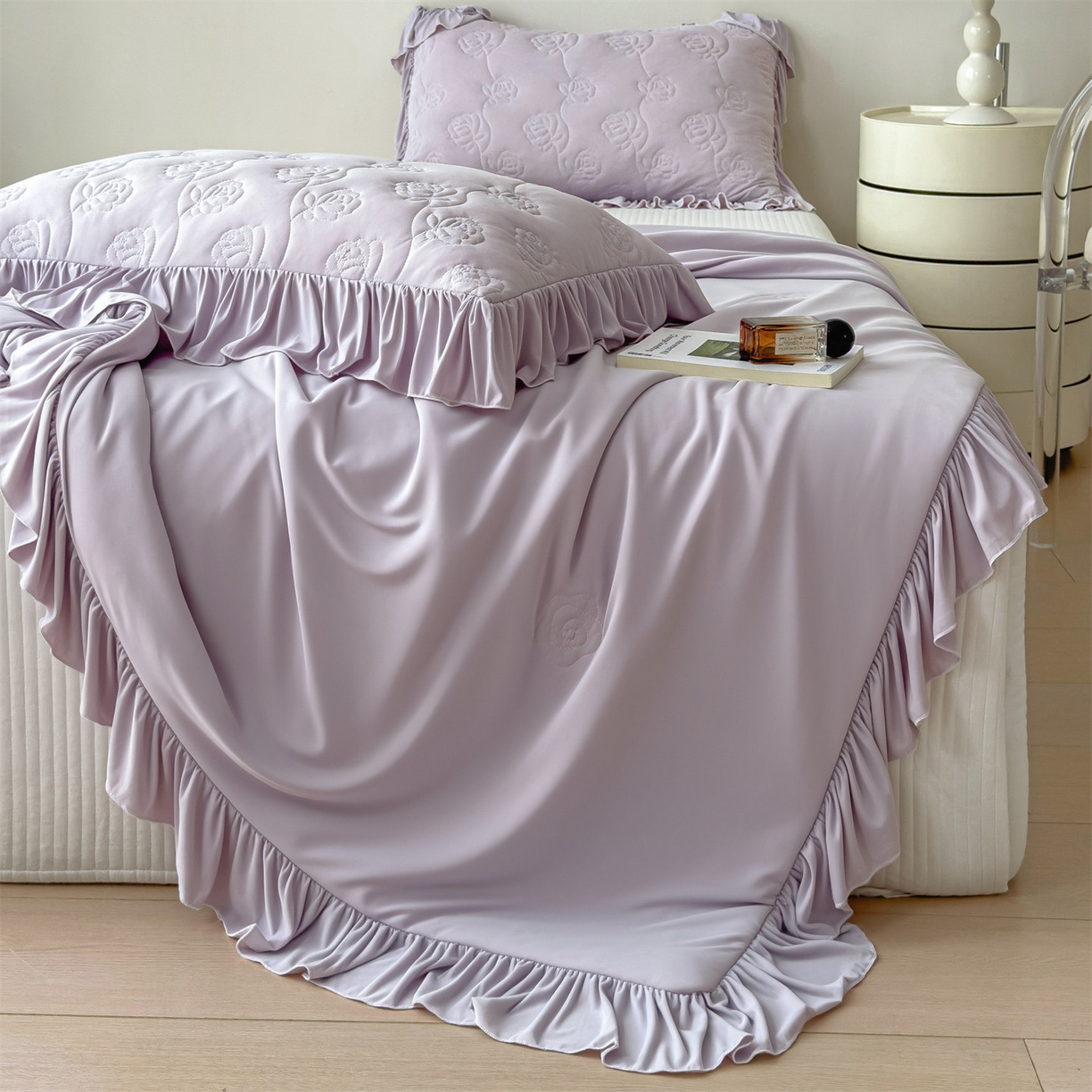 91家纺网 家纺一手货源 找家纺 雯豆家纺 【10A抗菌】2026新款氨纶凉感丝花边夏被夏凉被夏季冰丝空调被子被芯 氨纶花边夏被-香芋紫