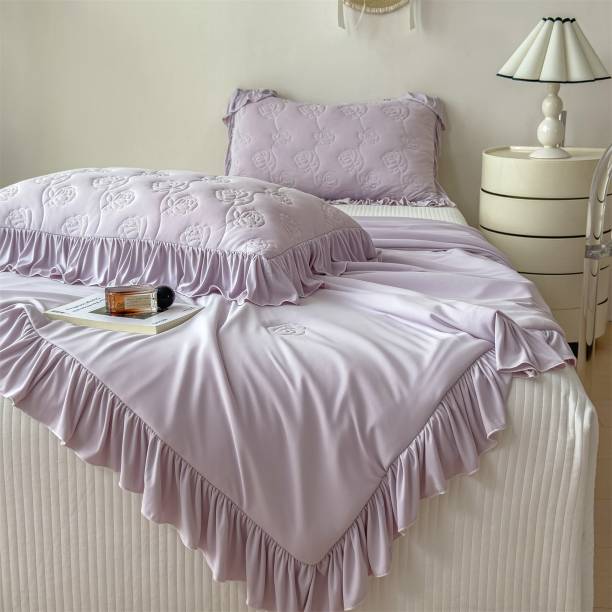 91家纺网 家纺一手货源 找家纺 雯豆家纺 【10A抗菌】2026新款氨纶凉感丝花边夏被夏凉被夏季冰丝空调被子被芯 氨纶花边夏被-香芋紫