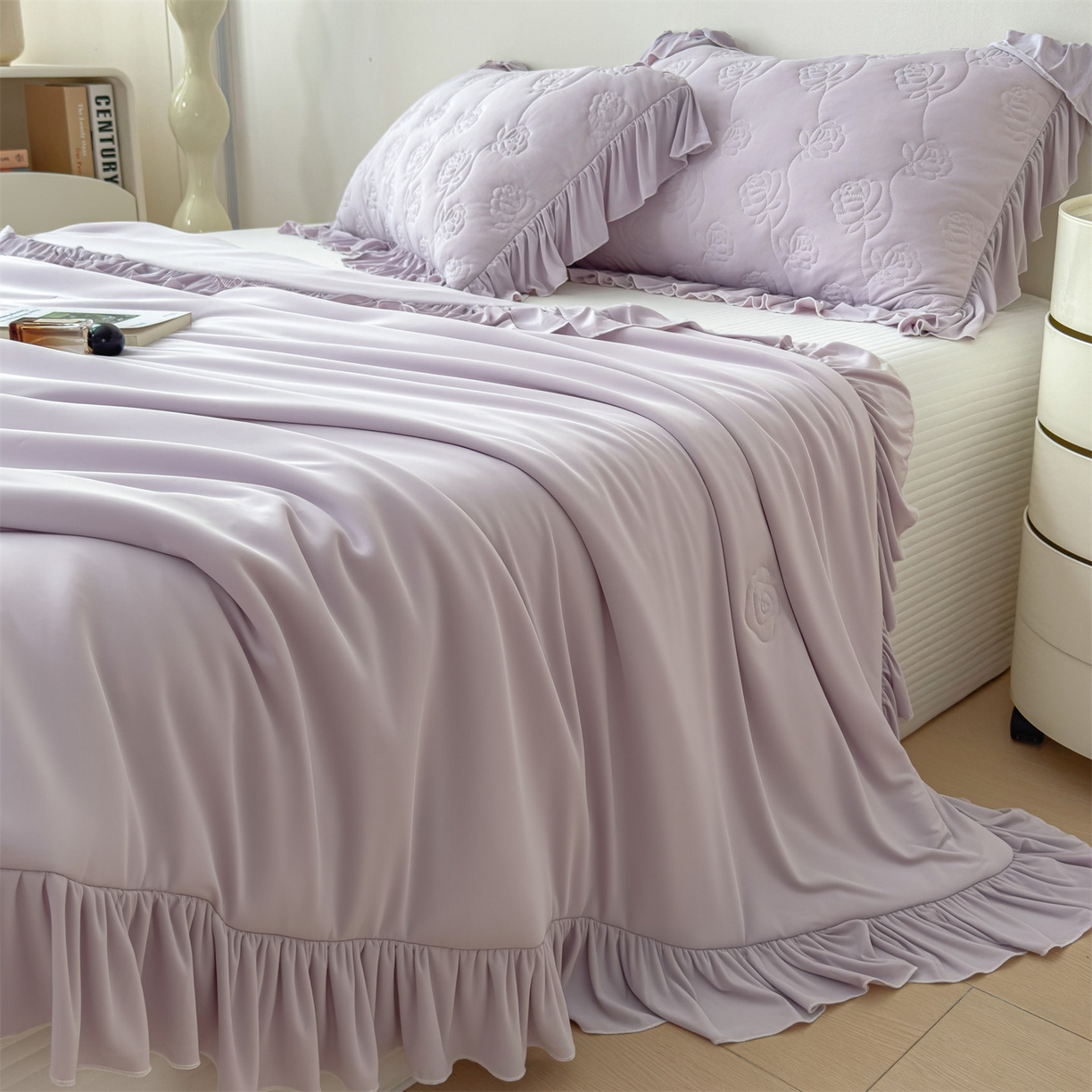 91家纺网 家纺一手货源 找家纺 雯豆家纺 【10A抗菌】2026新款氨纶凉感丝花边夏被夏凉被夏季冰丝空调被子被芯 氨纶花边夏被-香芋紫