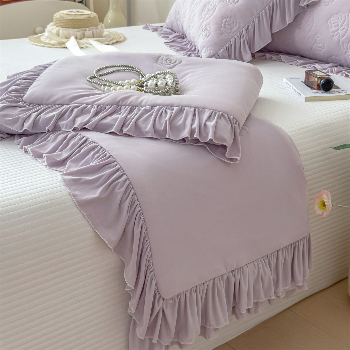 91家纺网 家纺一手货源 找家纺 雯豆家纺 【10A抗菌】2026新款氨纶凉感丝花边夏被夏凉被夏季冰丝空调被子被芯 氨纶花边夏被-香芋紫