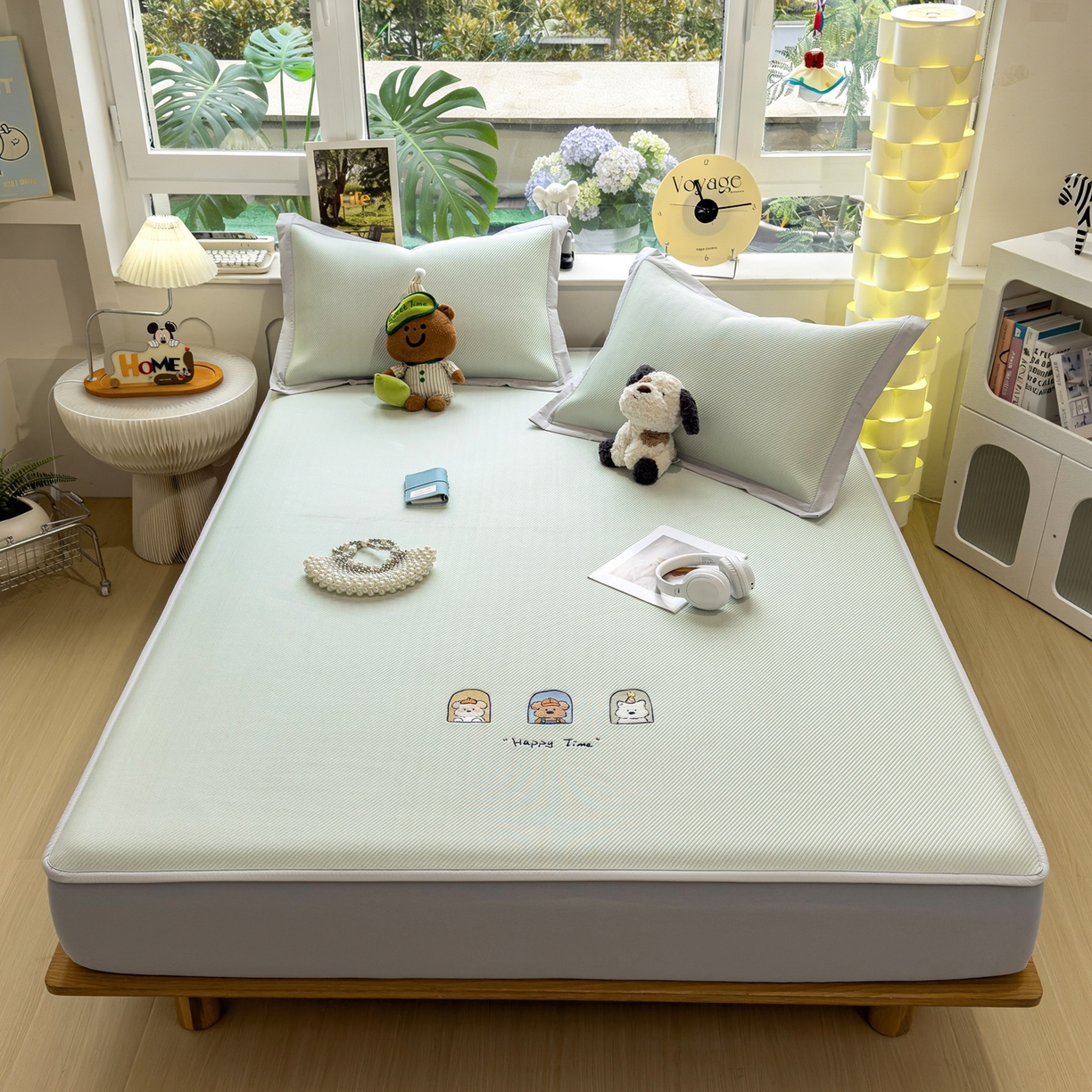 91家纺网 家纺一手货源 找家纺 眠多宝（绒多宝） 2026新款可机洗冰豆豆冰丝席凉席席子a类母婴级婴儿可用凉感值过0.21夏天 萌趣时光床笠款