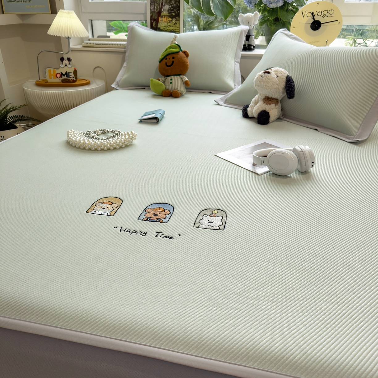 91家纺网 家纺一手货源 找家纺 眠多宝（绒多宝） 2026新款可机洗冰豆豆冰丝席凉席席子a类母婴级婴儿可用凉感值过0.21夏天 萌趣时光床笠款