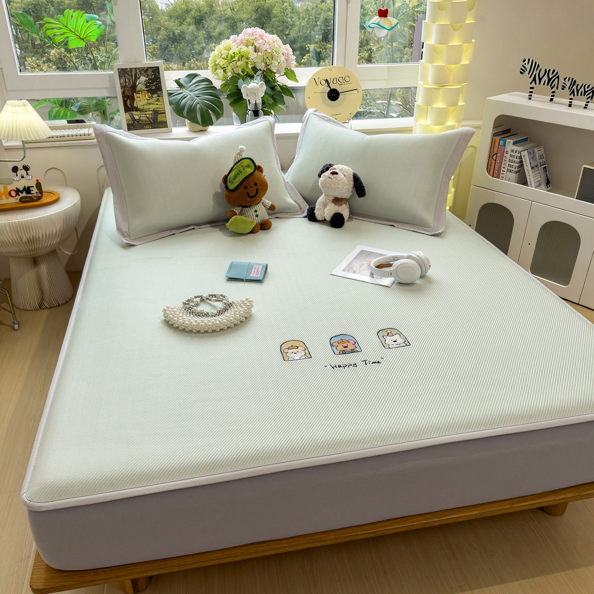 91家纺网 家纺一手货源 找家纺 眠多宝（绒多宝） 2026新款可机洗冰豆豆冰丝席凉席席子a类母婴级婴儿可用凉感值过0.21夏天 萌趣时光床笠款