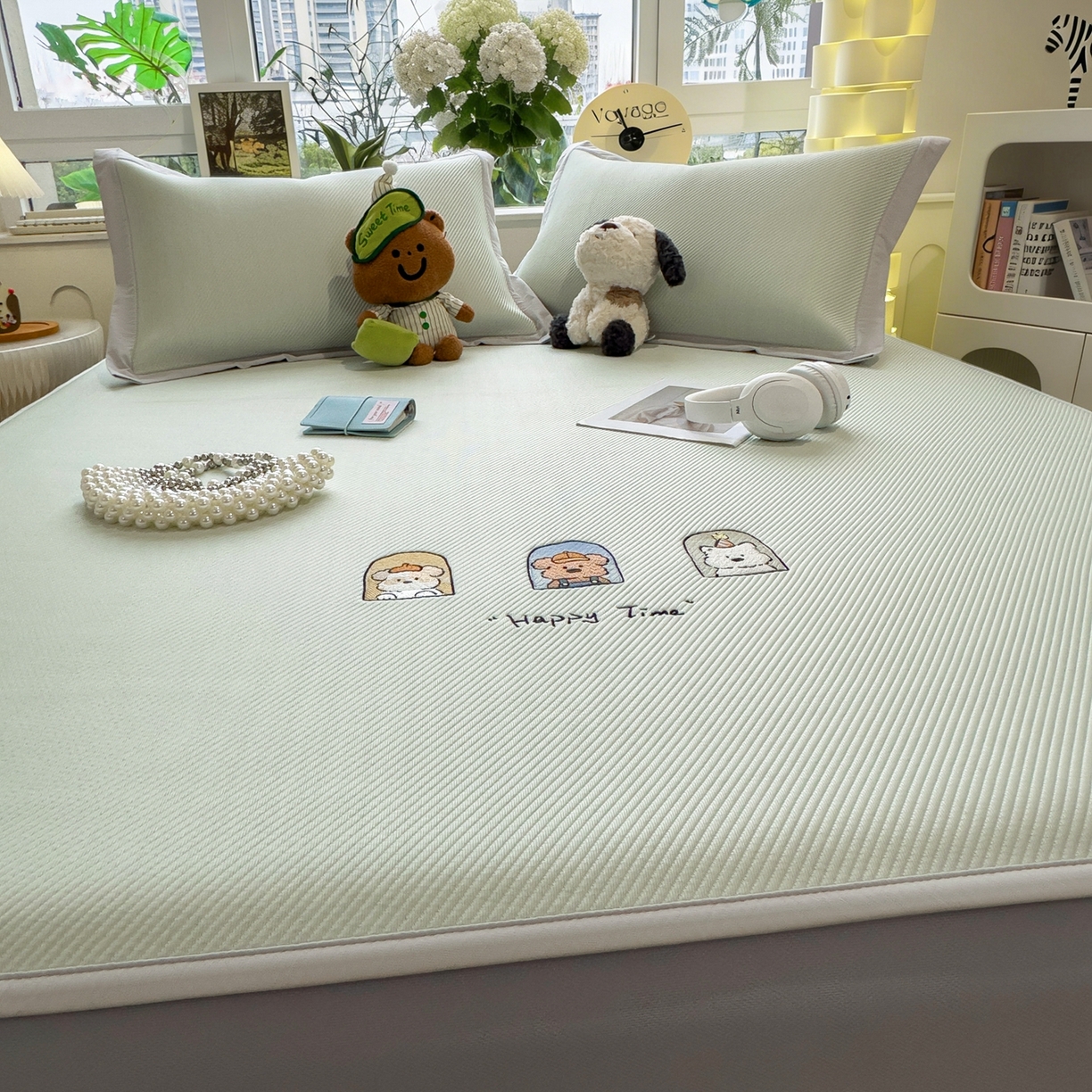 91家纺网 家纺一手货源 找家纺 眠多宝（绒多宝） 2026新款可机洗冰豆豆冰丝席凉席席子a类母婴级婴儿可用凉感值过0.21夏天 萌趣时光床笠款