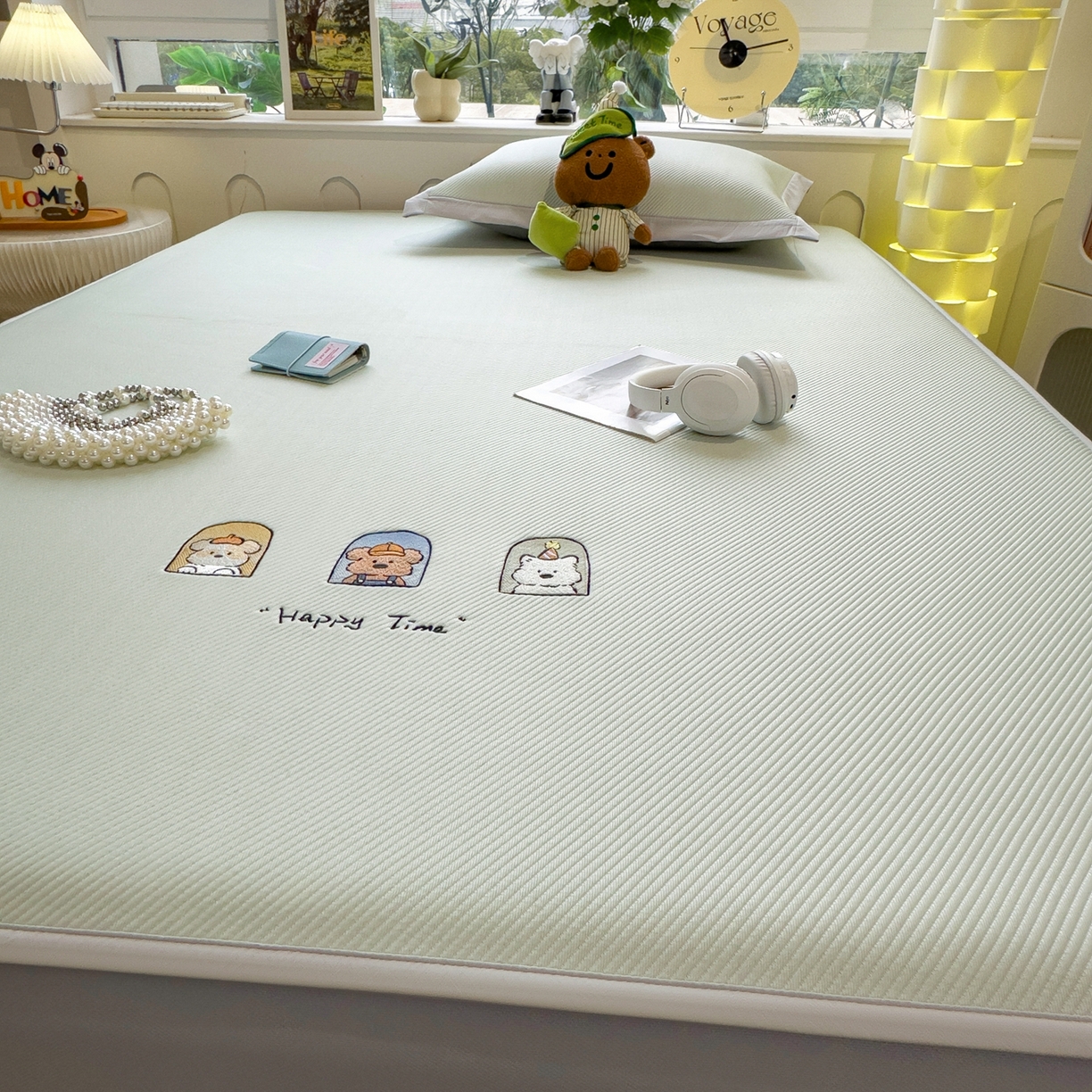 91家纺网 家纺一手货源 找家纺 眠多宝（绒多宝） 2026新款可机洗冰豆豆冰丝席凉席席子a类母婴级婴儿可用凉感值过0.21夏天 萌趣时光床笠款