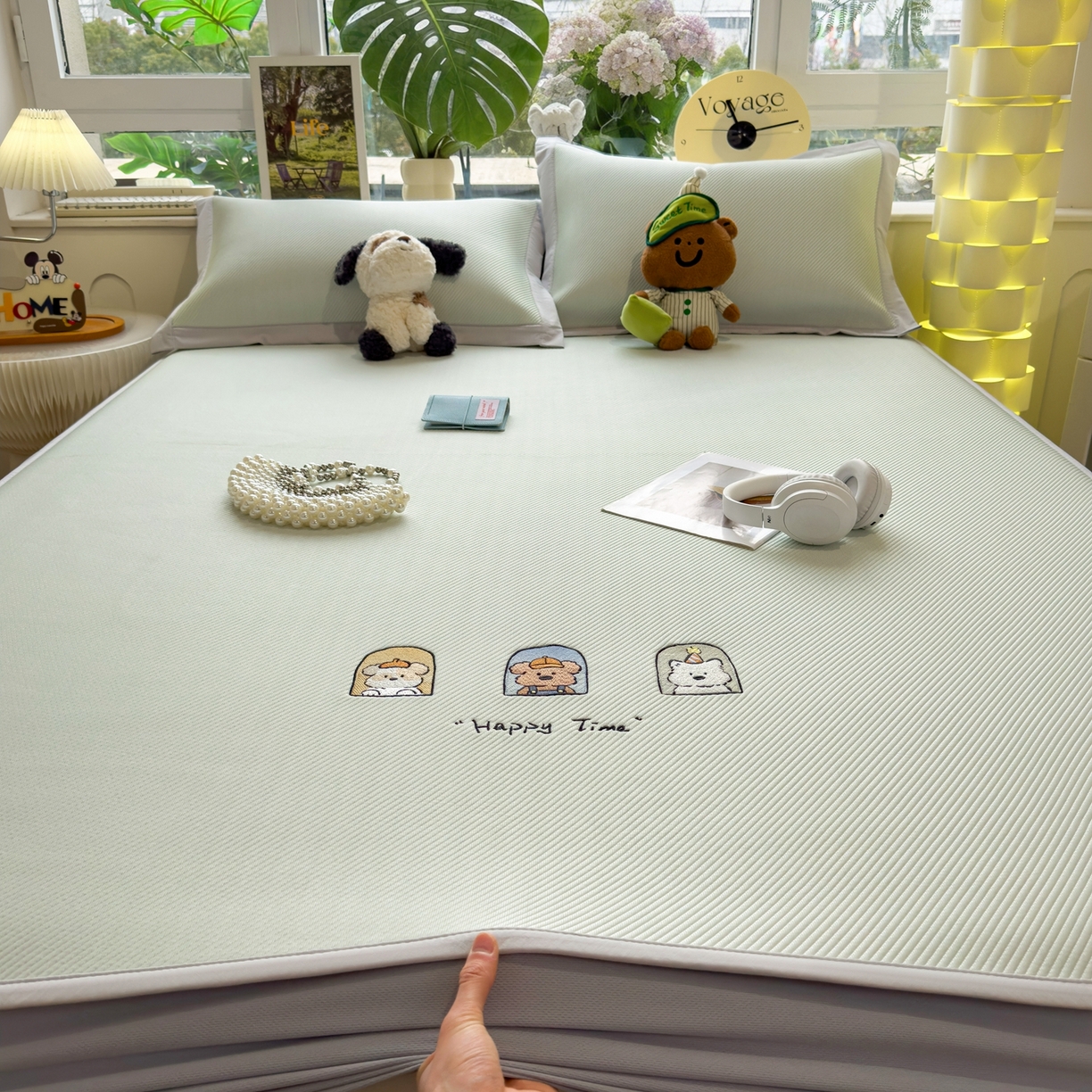 91家纺网 家纺一手货源 找家纺 眠多宝（绒多宝） 2026新款可机洗冰豆豆冰丝席凉席席子a类母婴级婴儿可用凉感值过0.21夏天 萌趣时光床笠款