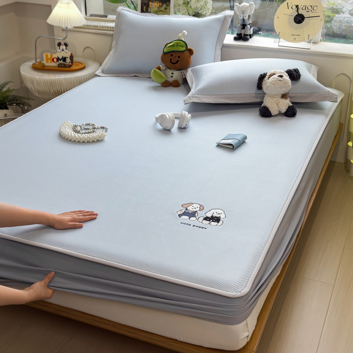 91家纺网 家纺一手货源 找家纺 眠多宝（绒多宝） 2026新款可机洗冰豆豆冰丝席凉席席子a类母婴级婴儿可用凉感值过0.21夏天 可爱小狗床笠款