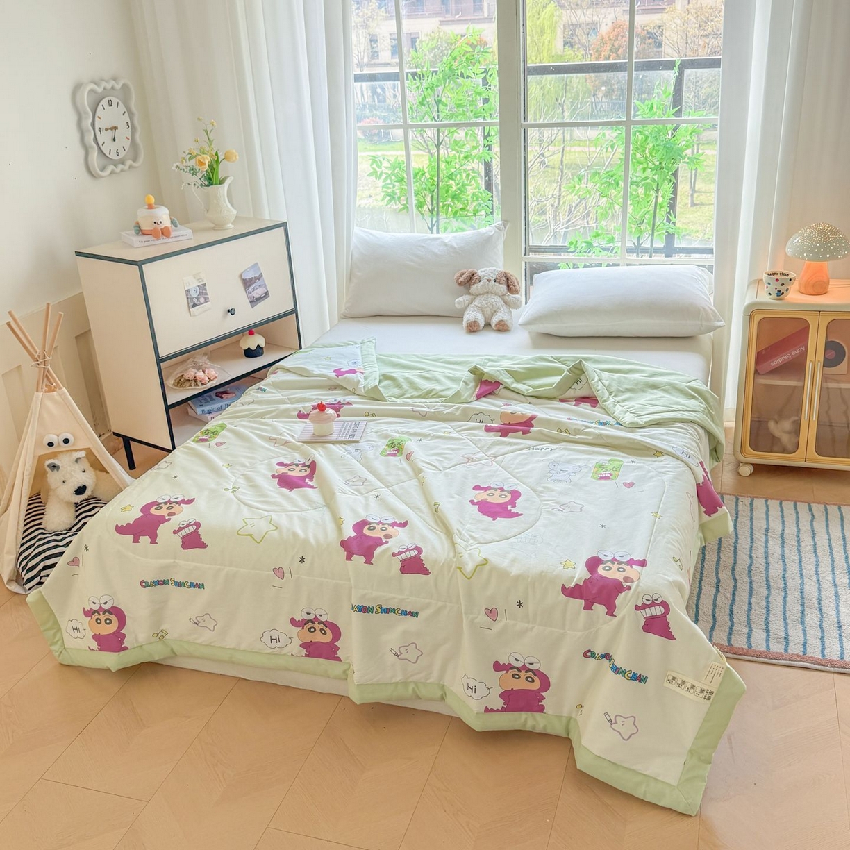 91家纺网 家纺一手货源 找家纺 雅萱家纺 2026新款里外全棉棉花夏被蜡笔小新系列 夏被-恐龙小新