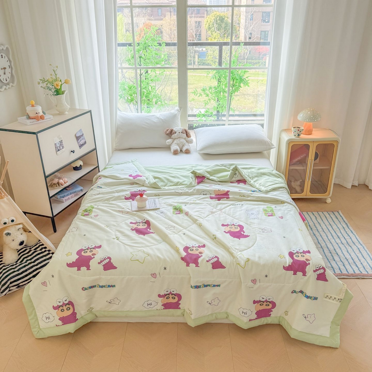 91家纺网 家纺一手货源 找家纺 雅萱家纺 2026新款里外全棉棉花夏被蜡笔小新系列 夏被-恐龙小新