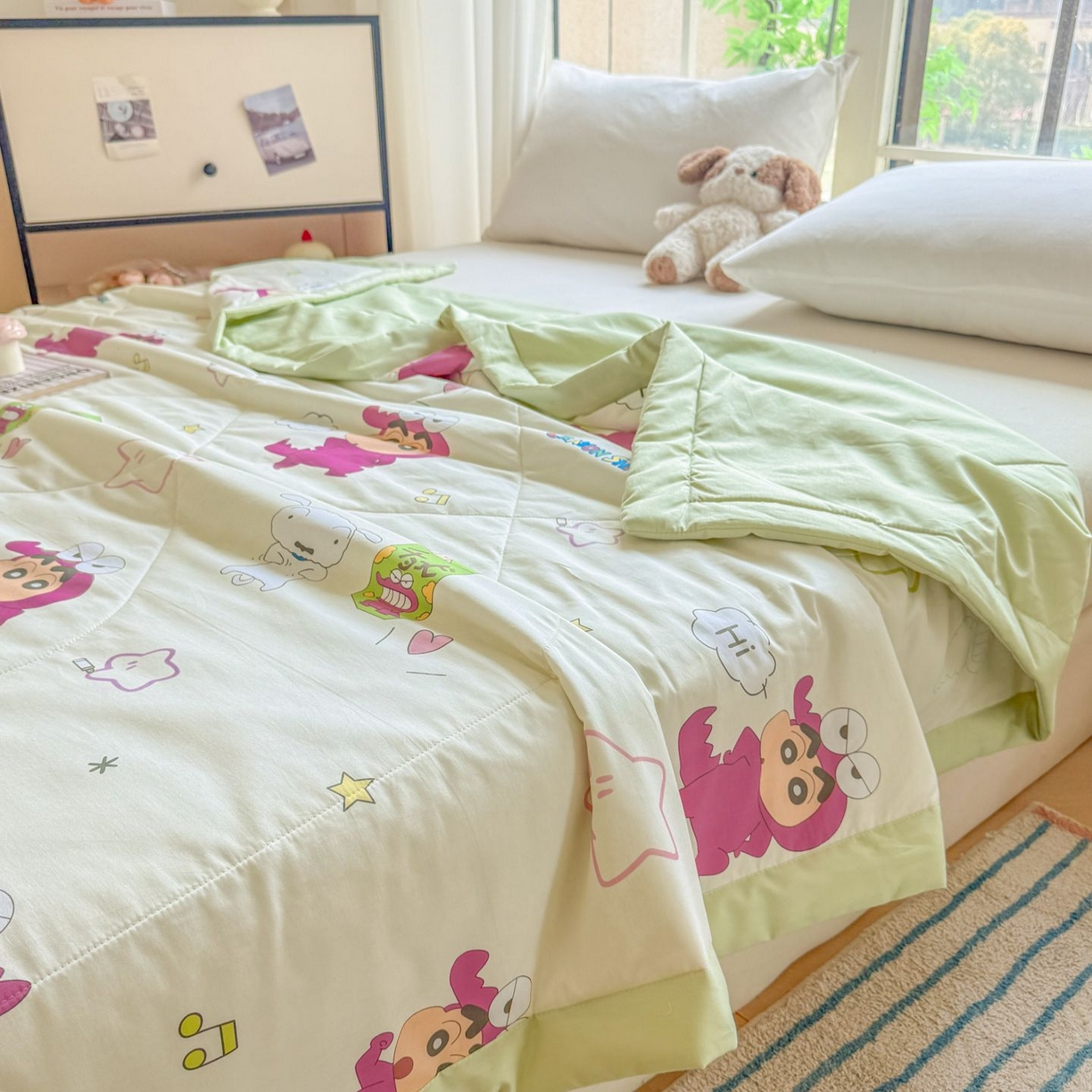 91家纺网 家纺一手货源 找家纺 雅萱家纺 2026新款里外全棉棉花夏被蜡笔小新系列 夏被-恐龙小新