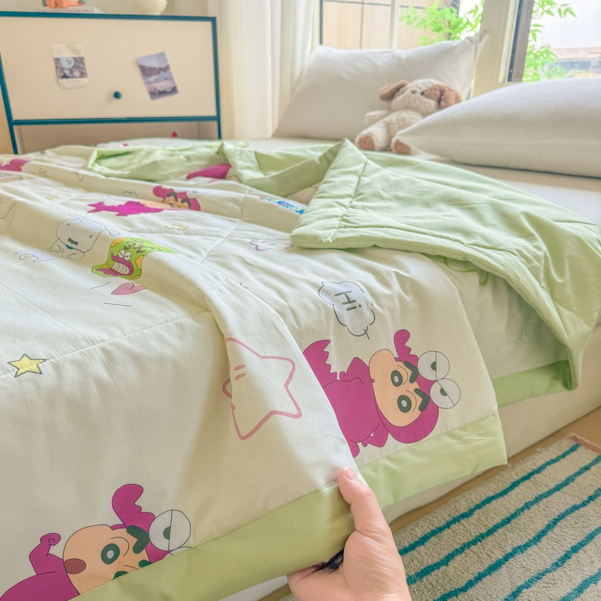 91家纺网 家纺一手货源 找家纺 雅萱家纺 2026新款里外全棉棉花夏被蜡笔小新系列 夏被-恐龙小新