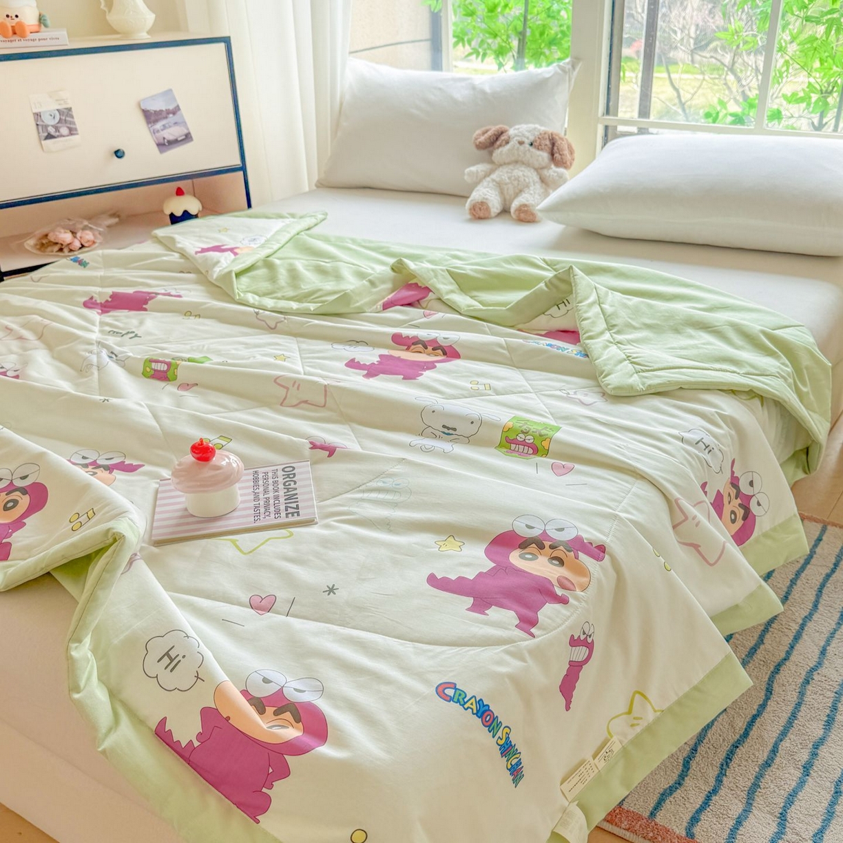 91家纺网 家纺一手货源 找家纺 雅萱家纺 2026新款里外全棉棉花夏被蜡笔小新系列 夏被-恐龙小新