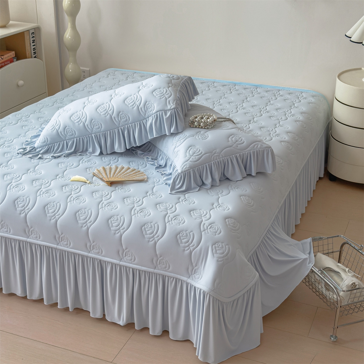 91家纺网 家纺一手货源 找家纺 雯豆家纺 【10A抗菌】2026新款氨纶凉感丝花边枕套单只一对装夏季冰丝枕芯保护套 氨纶花边床笠-水蓝