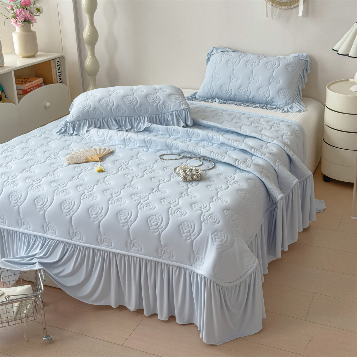 91家纺网 家纺一手货源 找家纺 雯豆家纺 【10A抗菌】2026新款氨纶凉感丝花边枕套单只一对装夏季冰丝枕芯保护套 氨纶花边床笠-水蓝