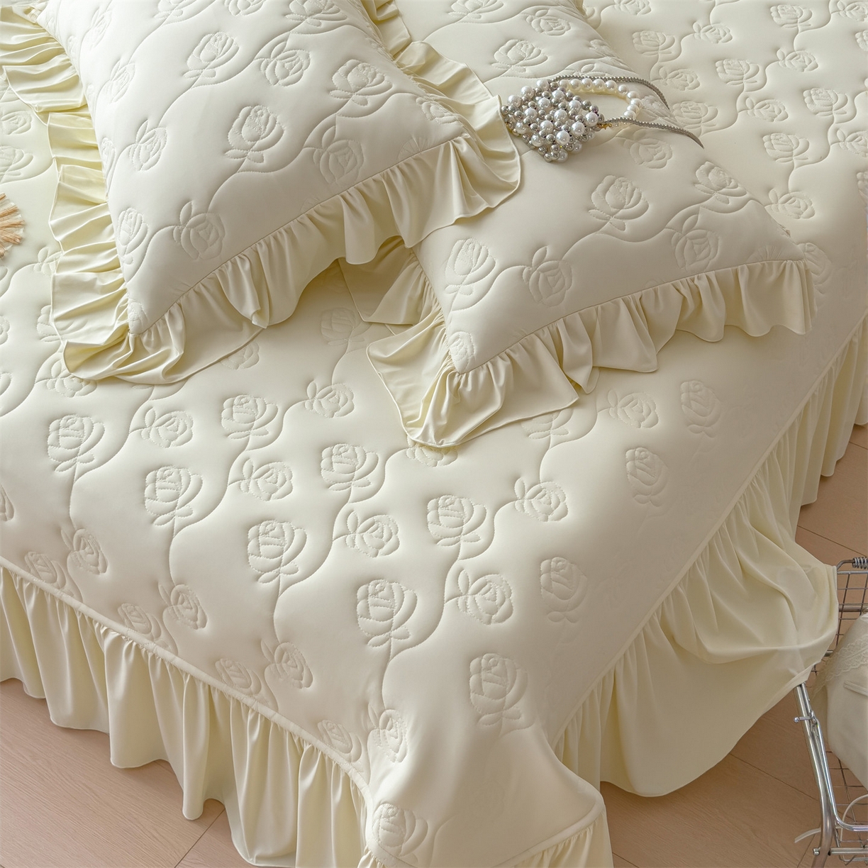 雯豆家纺 【10A抗菌】2026新款氨纶凉感丝花边枕套单只一对装夏季冰丝枕芯保护套 氨纶花边床笠-奶黄