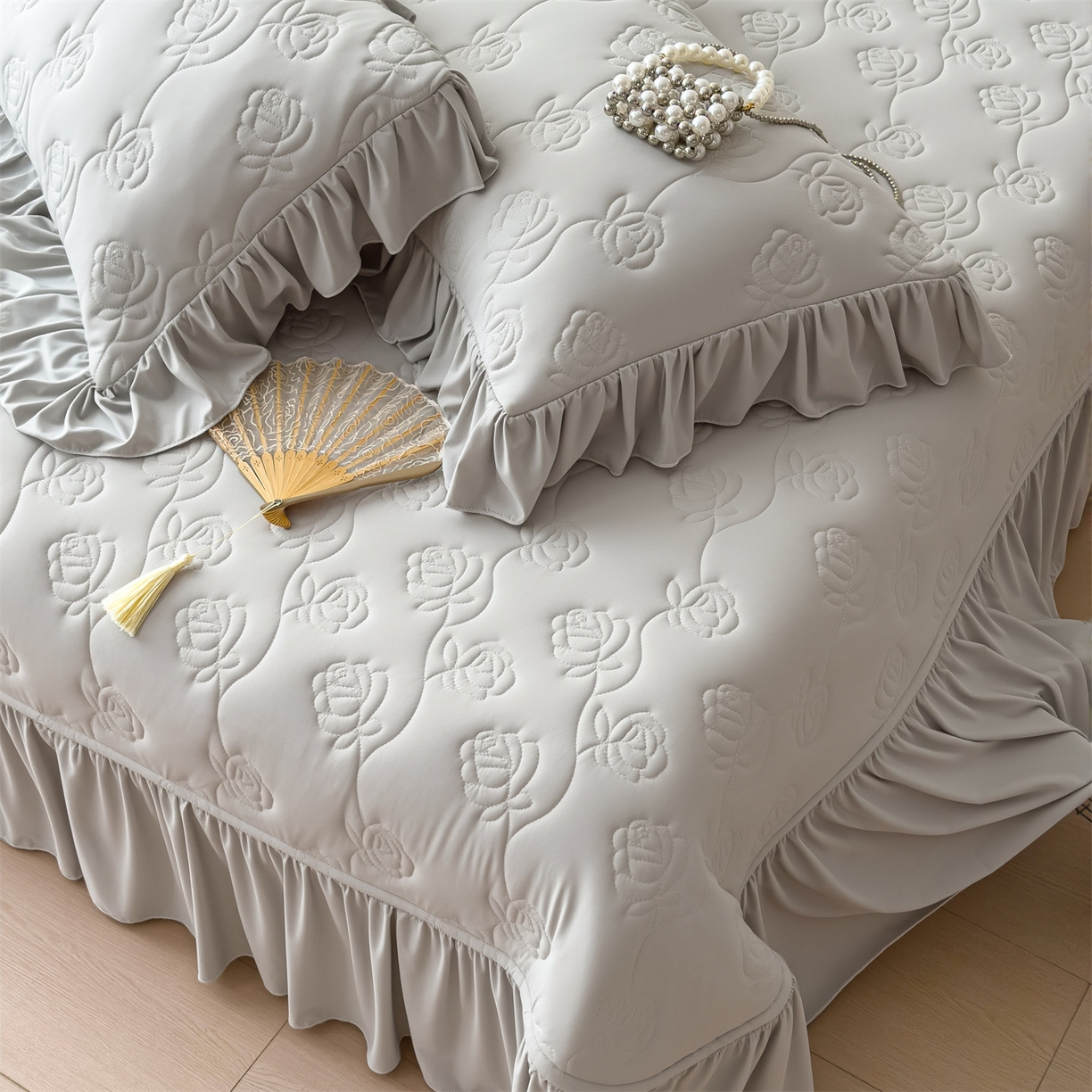 雯豆家纺 【10A抗菌】2026新款氨纶凉感丝花边枕套单只一对装夏季冰丝枕芯保护套 氨纶花边床笠-浅灰