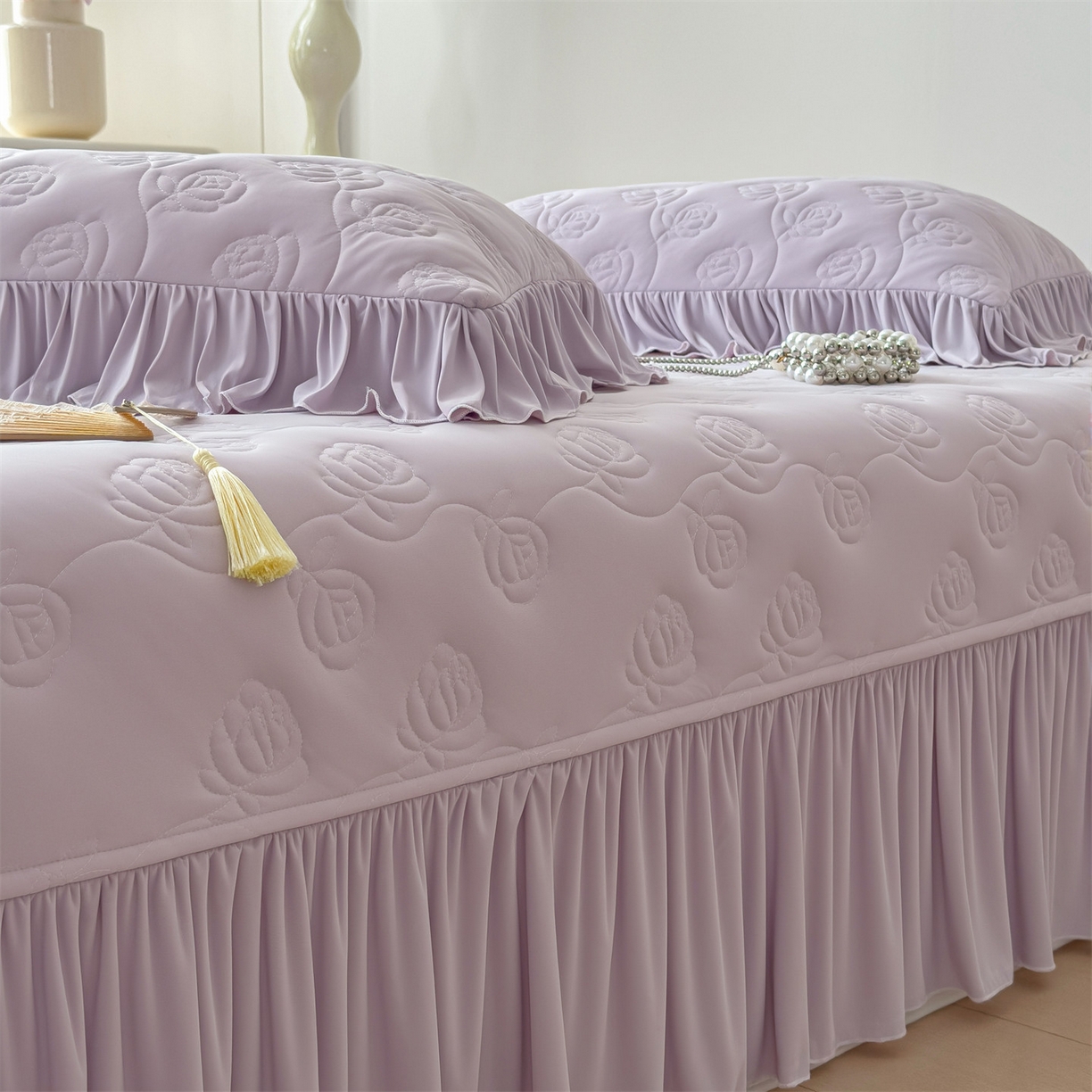 91家纺网 家纺一手货源 找家纺 雯豆家纺 【10A抗菌】2026新款氨纶凉感丝花边枕套单只一对装夏季冰丝枕芯保护套 氨纶花边床笠-香芋紫