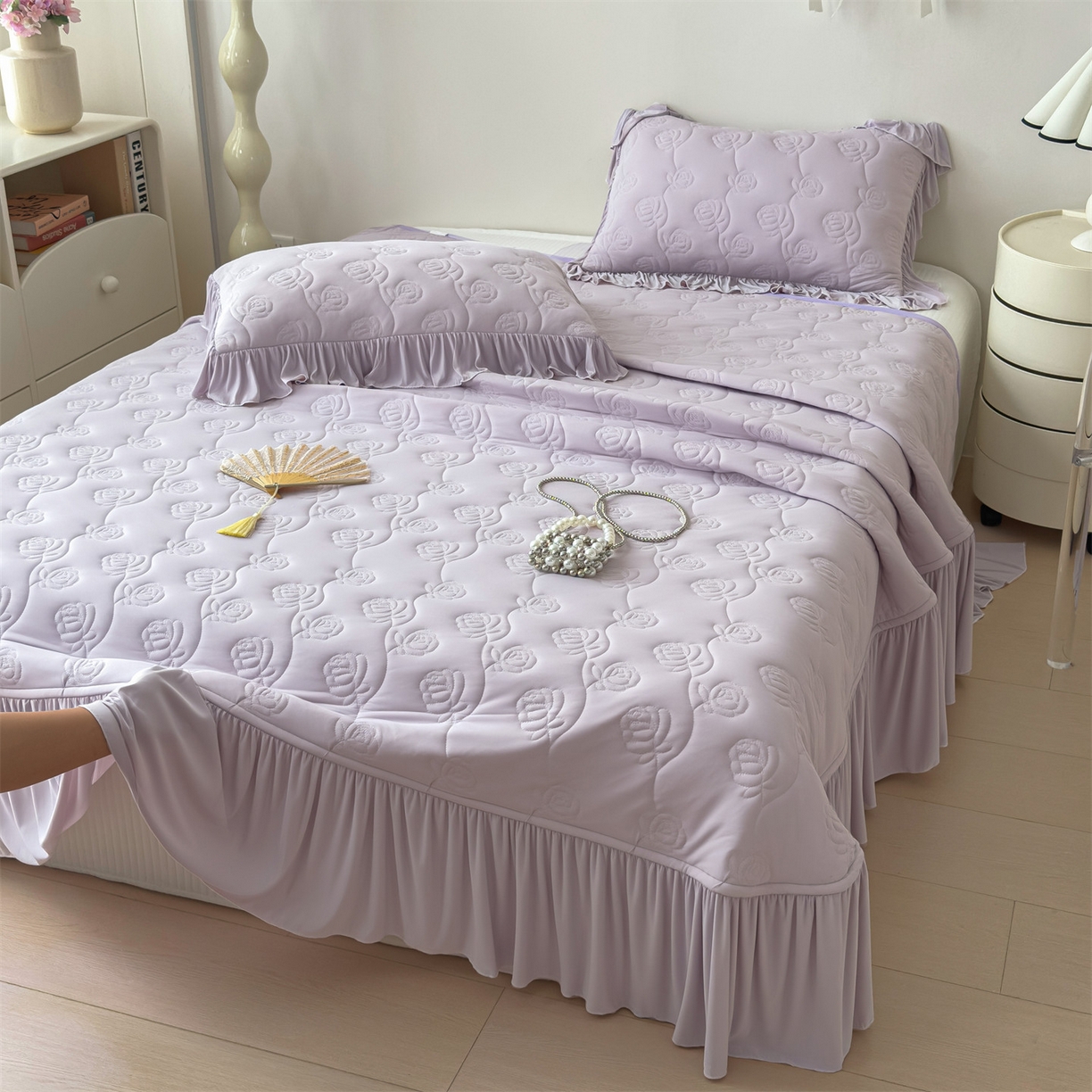 91家纺网 家纺一手货源 找家纺 雯豆家纺 【10A抗菌】2026新款氨纶凉感丝花边枕套单只一对装夏季冰丝枕芯保护套 氨纶花边床笠-香芋紫