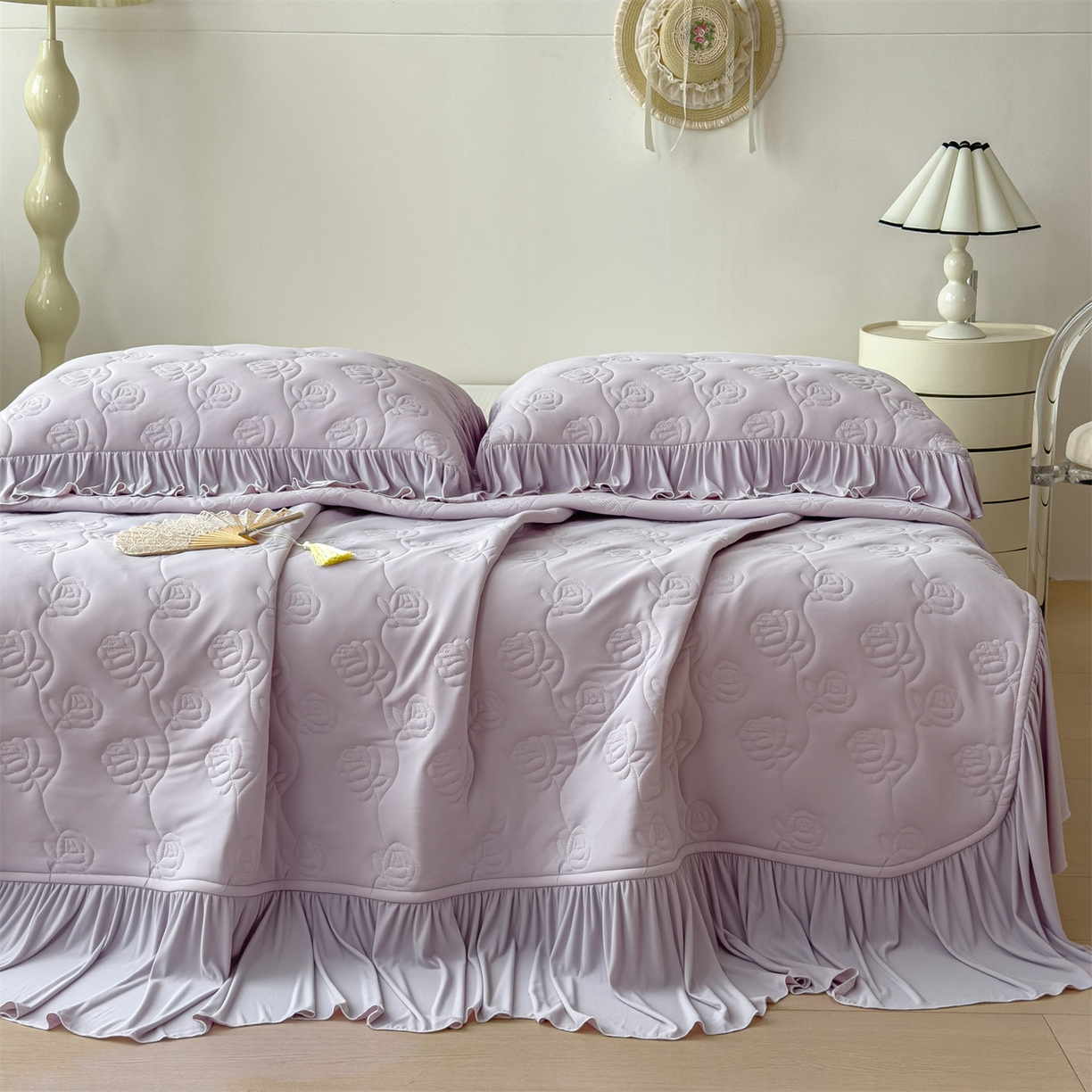 91家纺网 家纺一手货源 找家纺 雯豆家纺 【10A抗菌】2026新款氨纶凉感丝花边枕套单只一对装夏季冰丝枕芯保护套 氨纶花边床笠-香芋紫