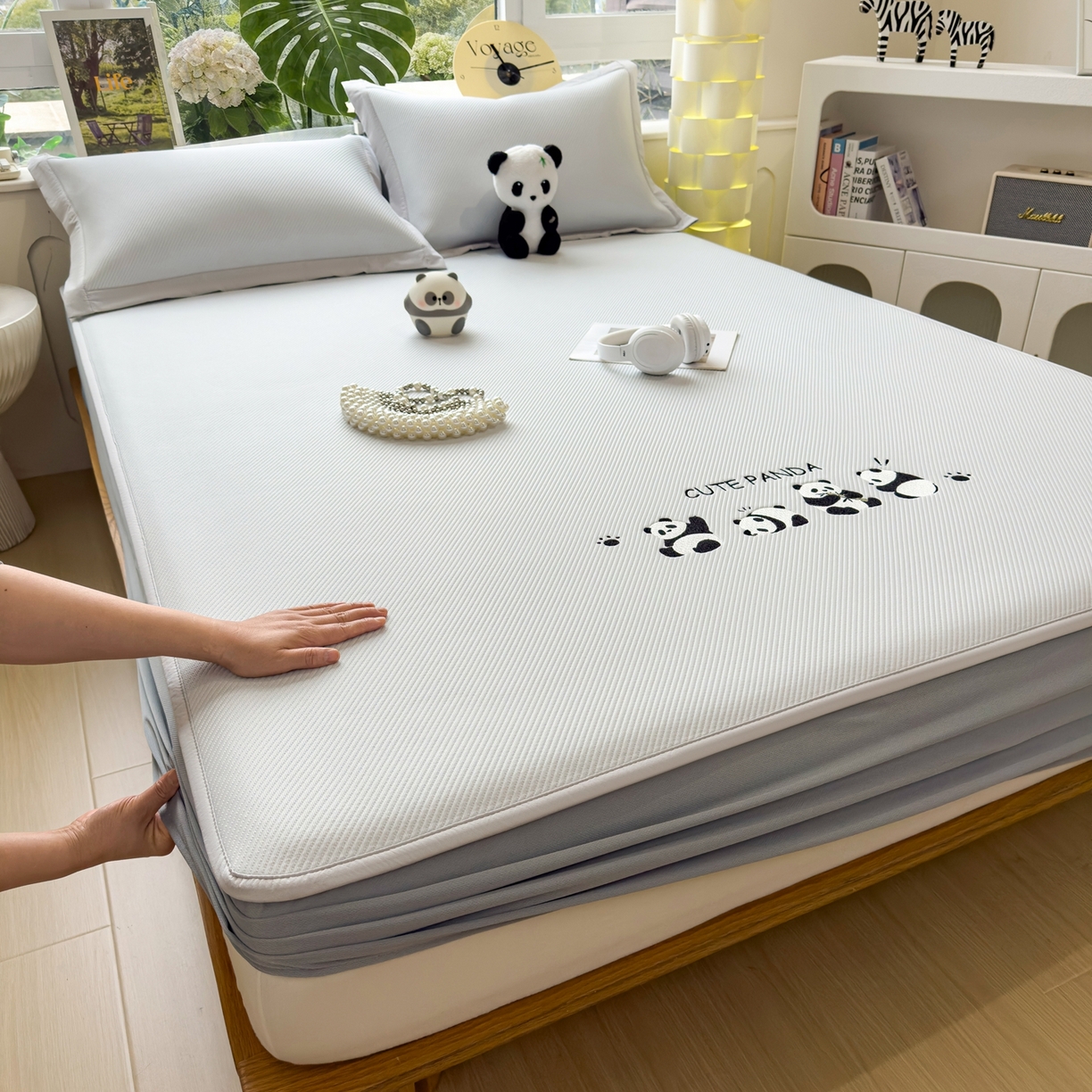 91家纺网 家纺一手货源 找家纺 眠多宝（绒多宝） 2026新款可机洗冰豆豆冰丝席凉席席子a类母婴级婴儿可用凉感值过0.21夏天 熊猫团子床笠款