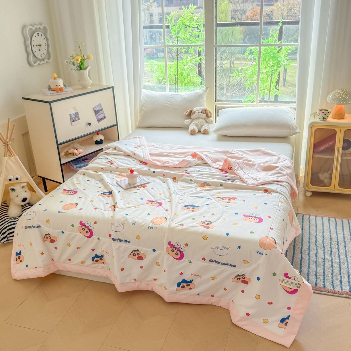 91家纺网 家纺一手货源 找家纺 雅萱家纺 2026新款里外全棉棉花夏被蜡笔小新系列 夏被-星星小新