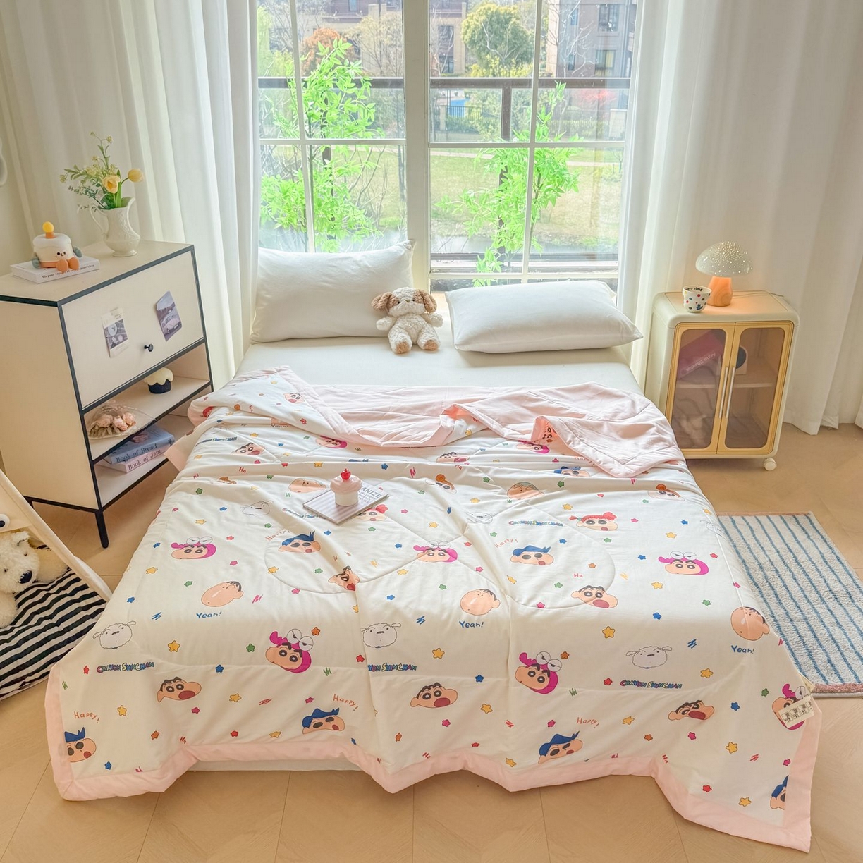 91家纺网 家纺一手货源 找家纺 雅萱家纺 2026新款里外全棉棉花夏被蜡笔小新系列 夏被-星星小新