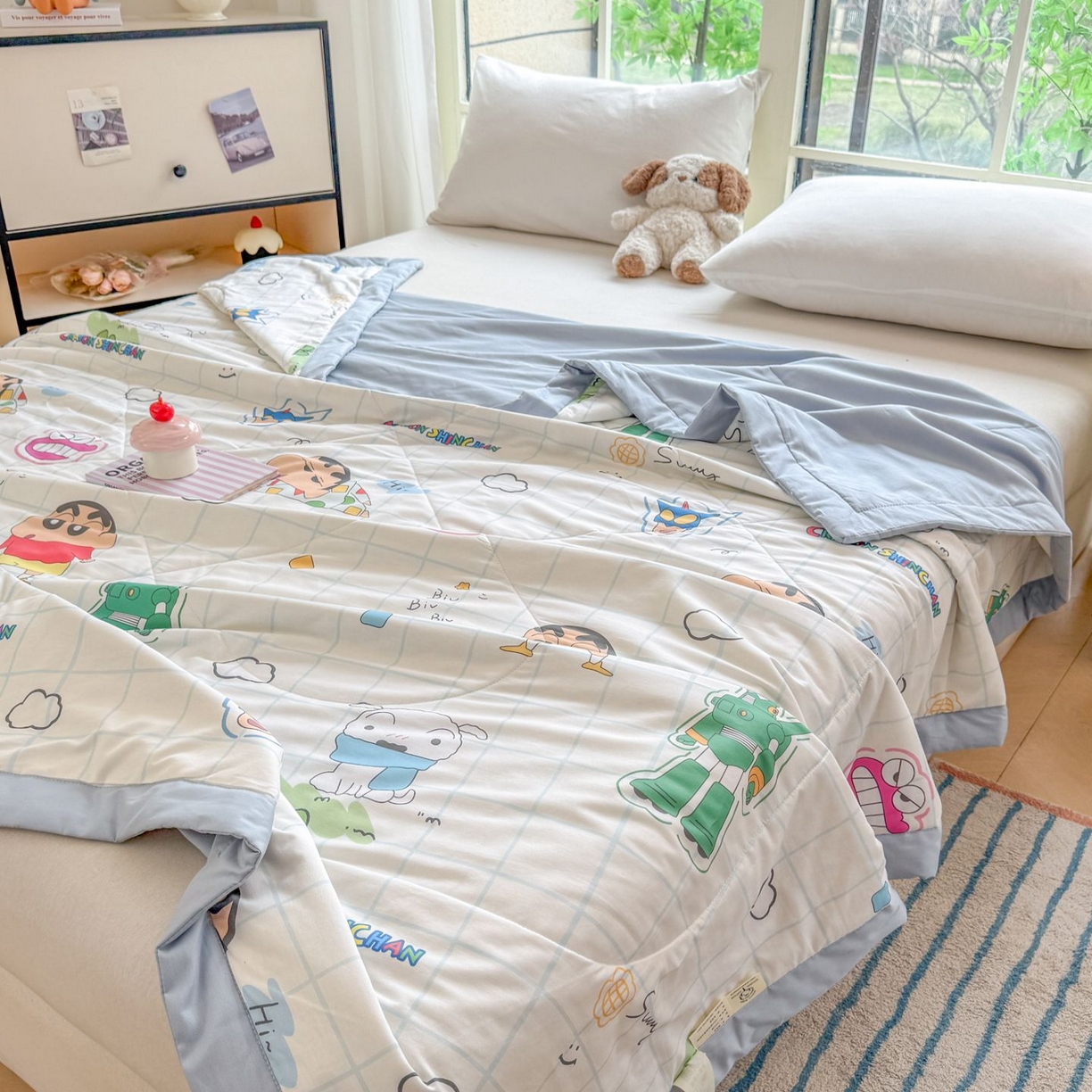 91家纺网 家纺一手货源 找家纺 雅萱家纺 2026新款里外全棉棉花夏被蜡笔小新系列 夏被-元气小新