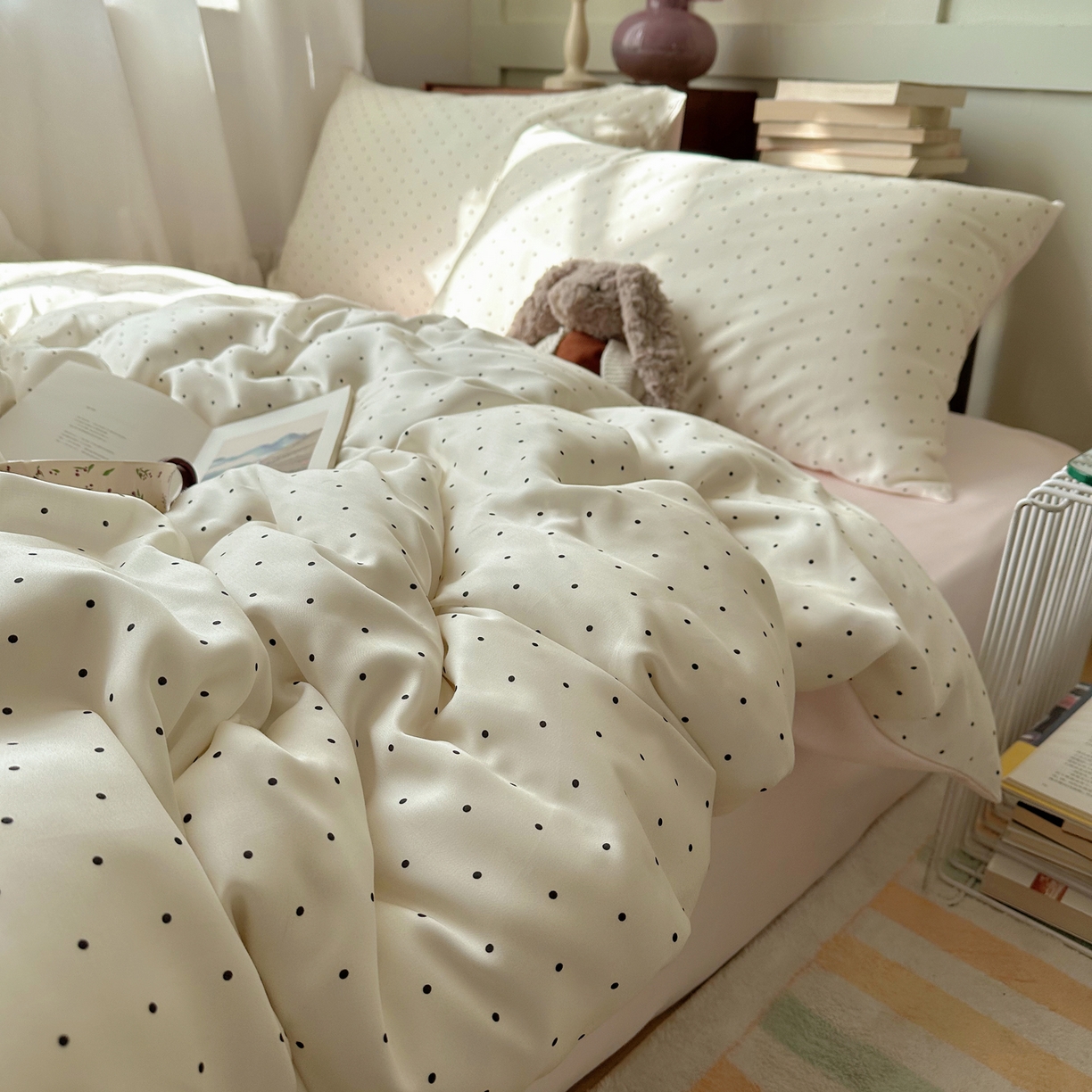 91家纺网 家纺一手货源 找家纺 爱彼家纺 2026新款亲肤冰丝印花四件套-系列二 冰丝-奶油粉波点