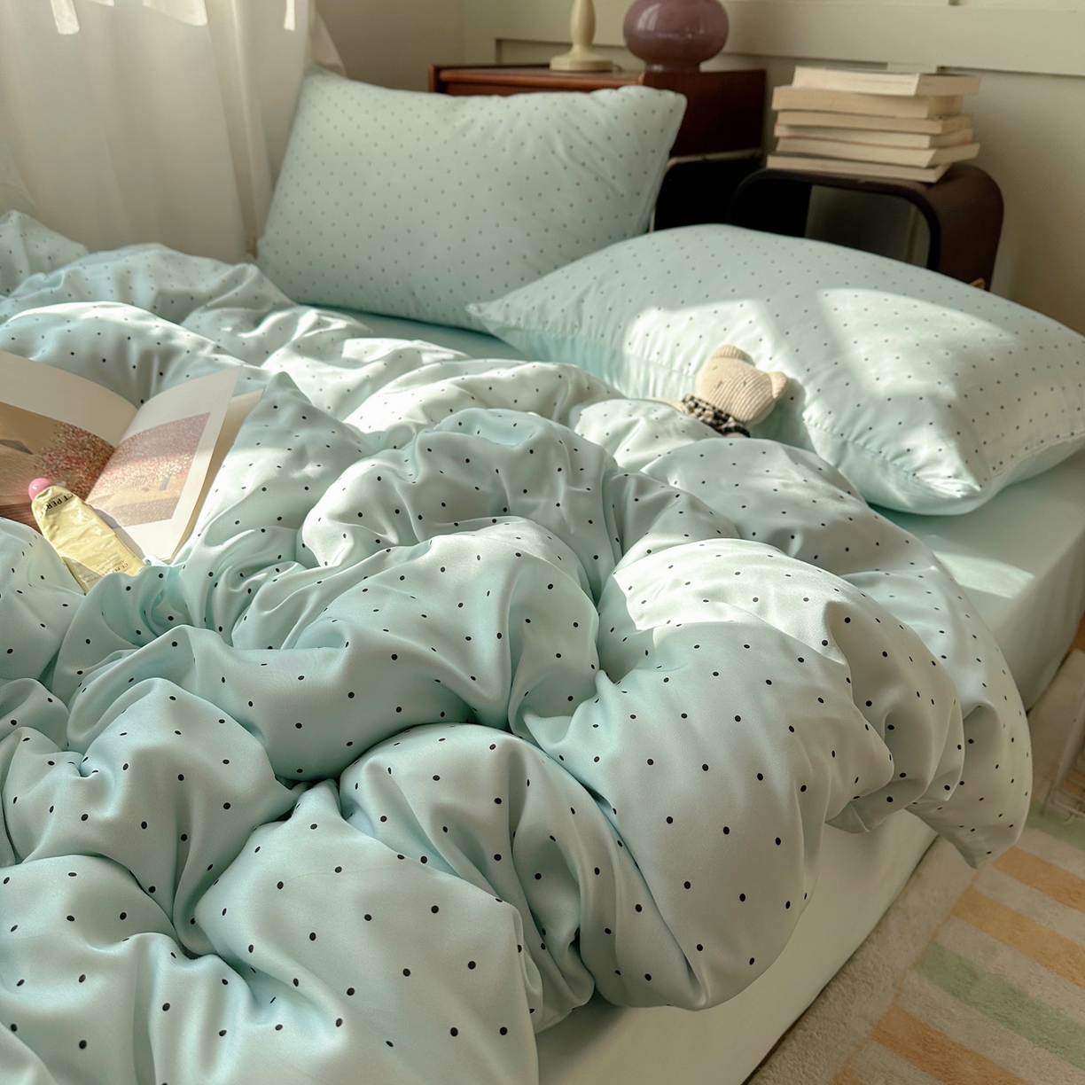 爱彼家纺 2026新款亲肤冰丝印花四件套-系列二 冰丝-青雾波点