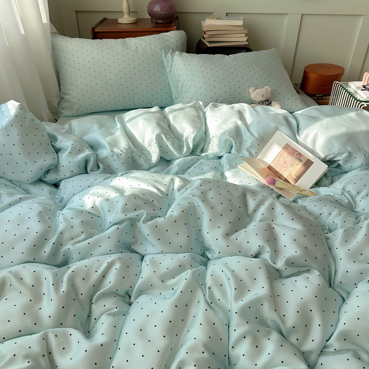 91家纺网 家纺一手货源 找家纺 爱彼家纺 2026新款亲肤冰丝印花四件套-系列二 冰丝-青雾波点