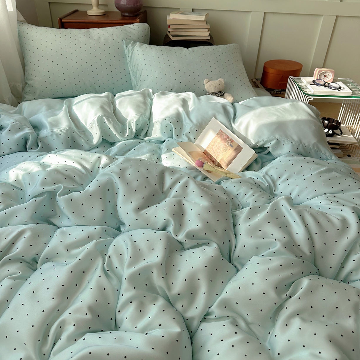 91家纺网 家纺一手货源 找家纺 爱彼家纺 2026新款亲肤冰丝印花四件套-系列二 冰丝-青雾波点