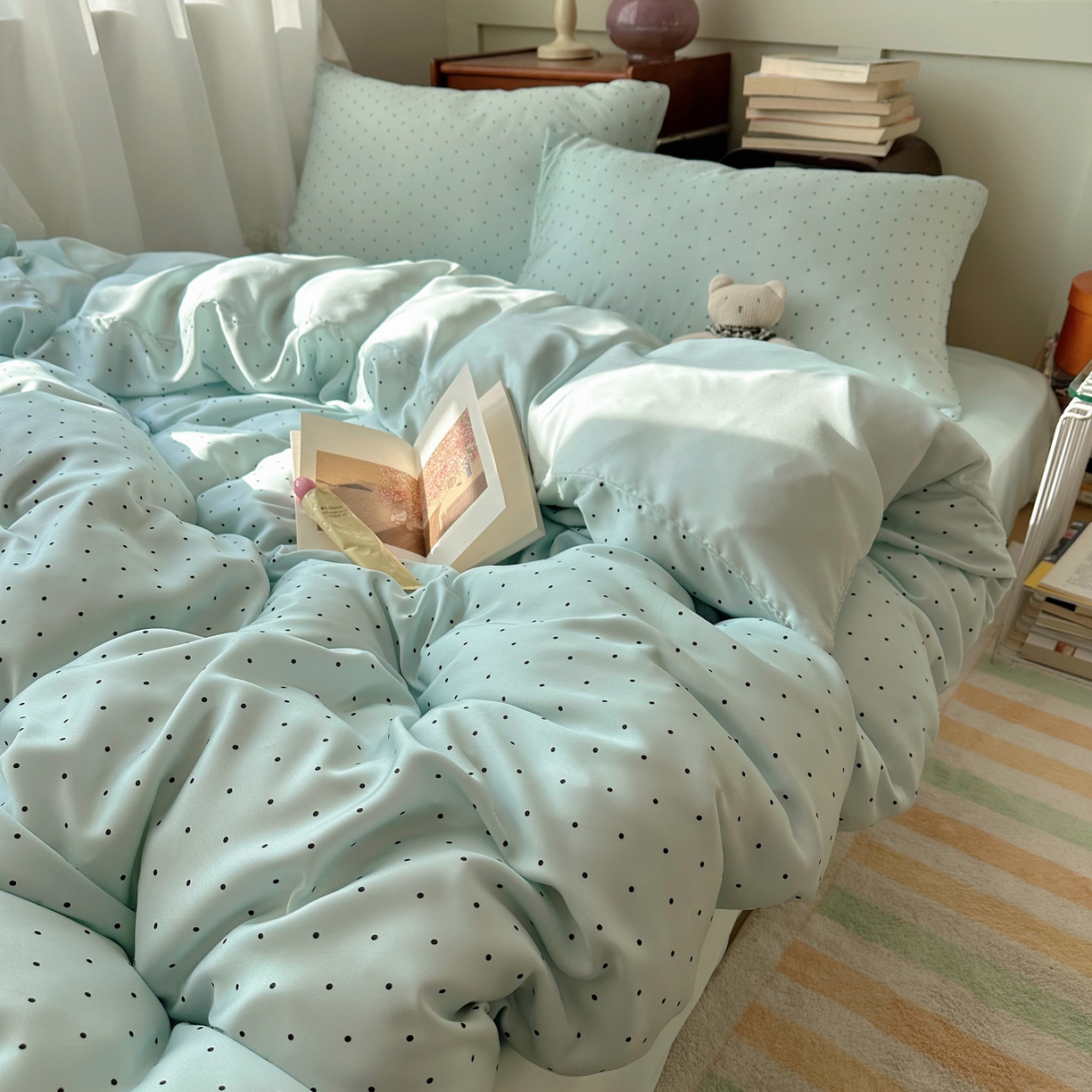 91家纺网 家纺一手货源 找家纺 爱彼家纺 2026新款亲肤冰丝印花四件套-系列二 冰丝-青雾波点