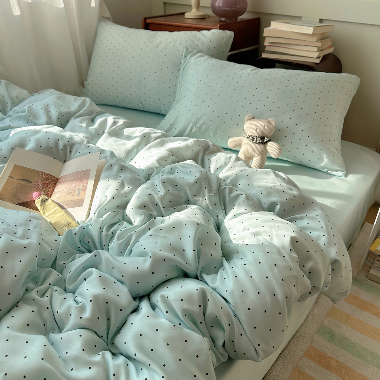 91家纺网 家纺一手货源 找家纺 爱彼家纺 2026新款亲肤冰丝印花四件套-系列二 冰丝-青雾波点