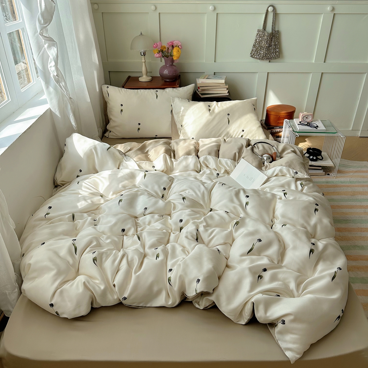 91家纺网 家纺一手货源 找家纺 爱彼家纺 2026新款亲肤冰丝印花四件套-系列二 冰丝-奶杏郁金香