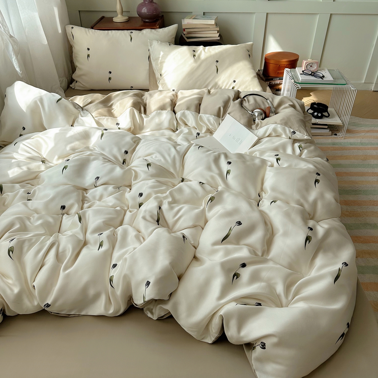 91家纺网 家纺一手货源 找家纺 爱彼家纺 2026新款亲肤冰丝印花四件套-系列二 冰丝-奶杏郁金香