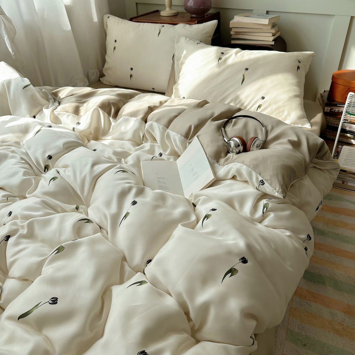 91家纺网 家纺一手货源 找家纺 爱彼家纺 2026新款亲肤冰丝印花四件套-系列二 冰丝-奶杏郁金香