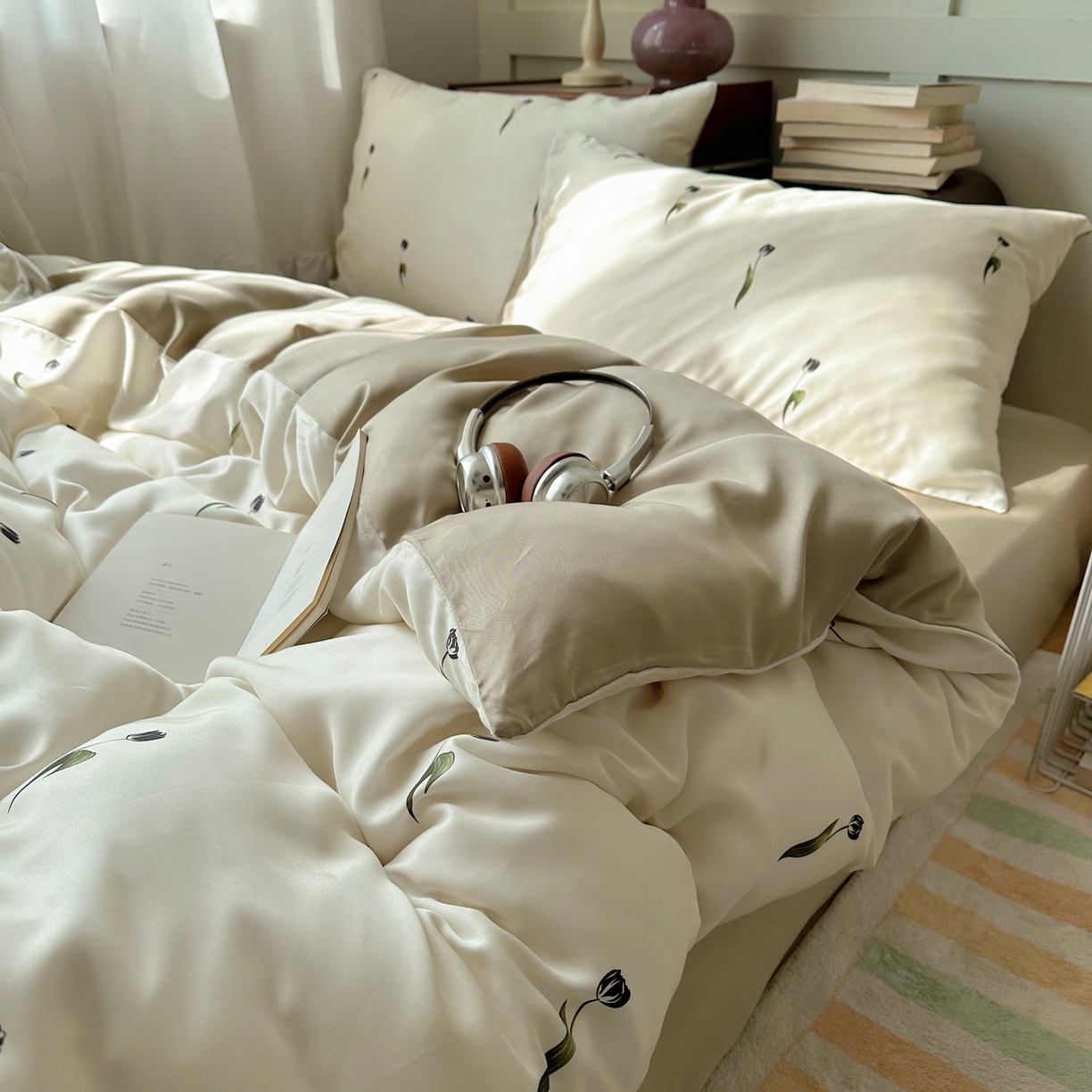 91家纺网 家纺一手货源 找家纺 爱彼家纺 2026新款亲肤冰丝印花四件套-系列二 冰丝-奶杏郁金香