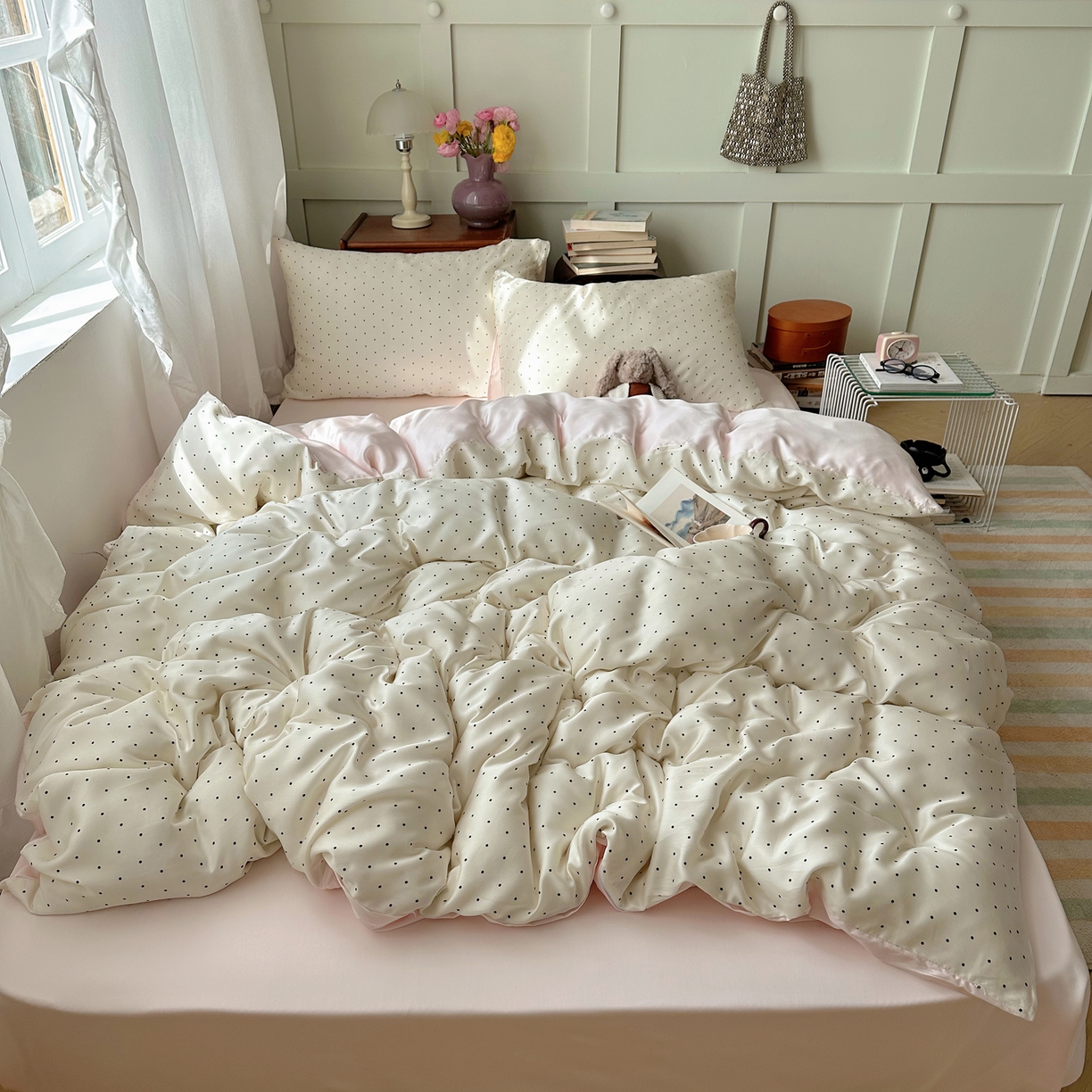 91家纺网 家纺一手货源 找家纺 爱彼家纺 2026新款亲肤冰丝印花四件套-系列二 冰丝-奶油粉波点