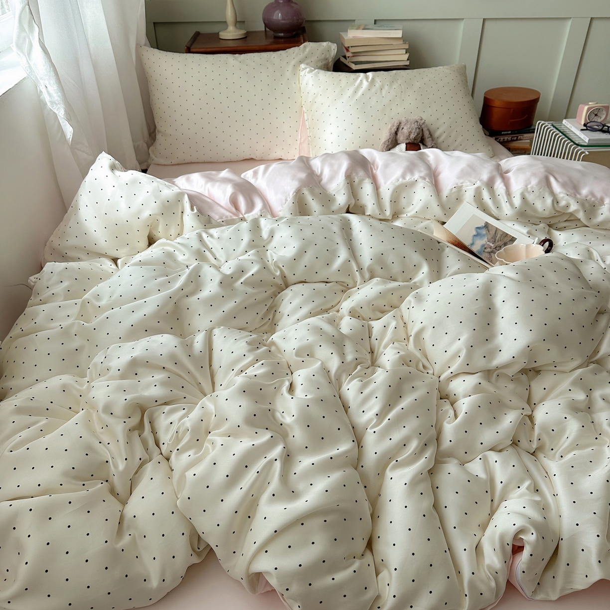 91家纺网 家纺一手货源 找家纺 爱彼家纺 2026新款亲肤冰丝印花四件套-系列二 冰丝-奶油粉波点