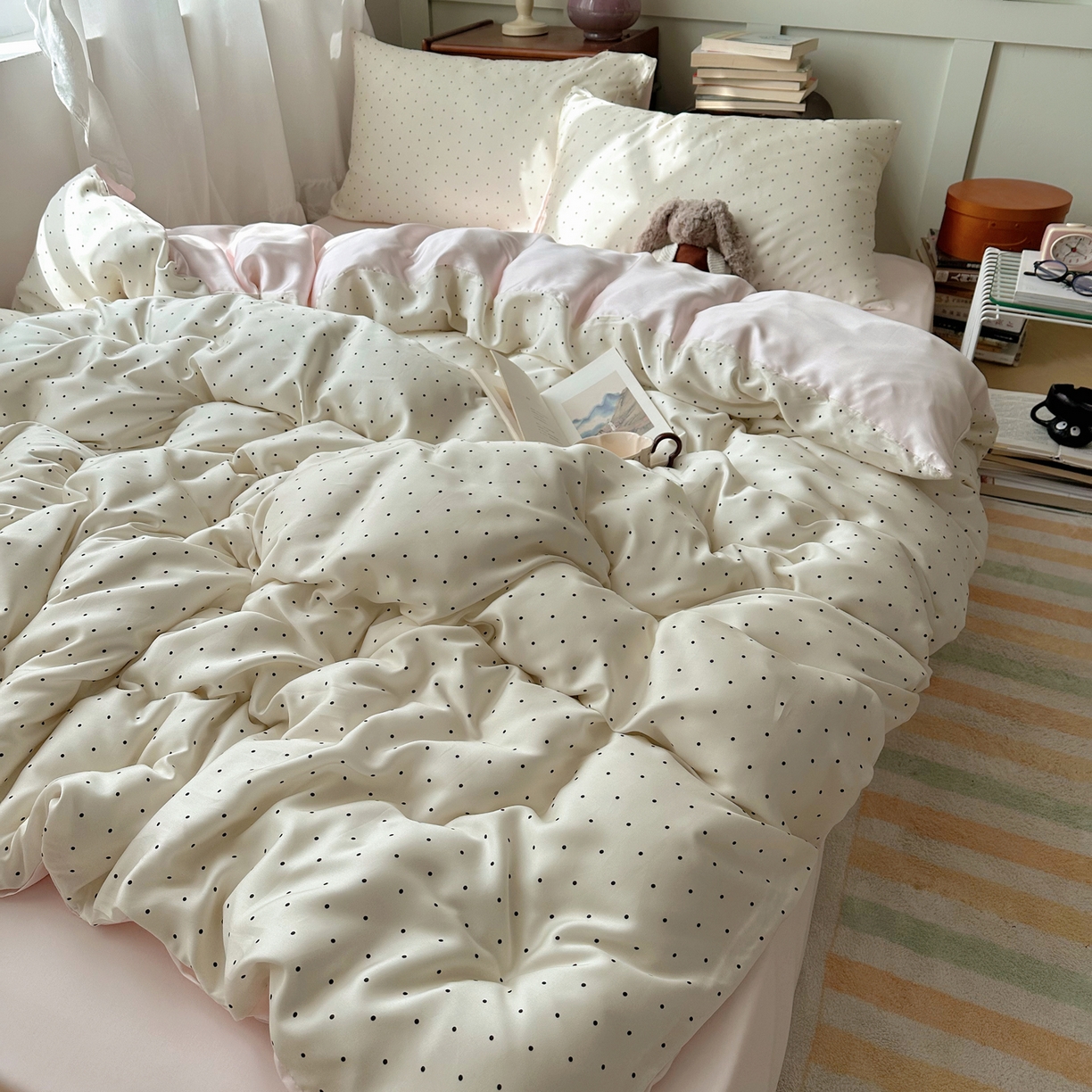 91家纺网 家纺一手货源 找家纺 爱彼家纺 2026新款亲肤冰丝印花四件套-系列二 冰丝-奶油粉波点