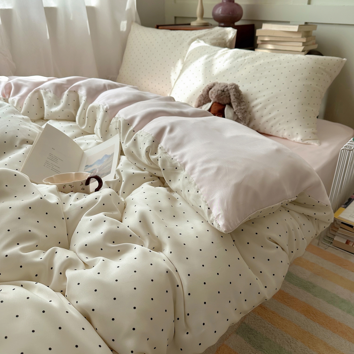 91家纺网 家纺一手货源 找家纺 爱彼家纺 2026新款亲肤冰丝印花四件套-系列二 冰丝-奶油粉波点