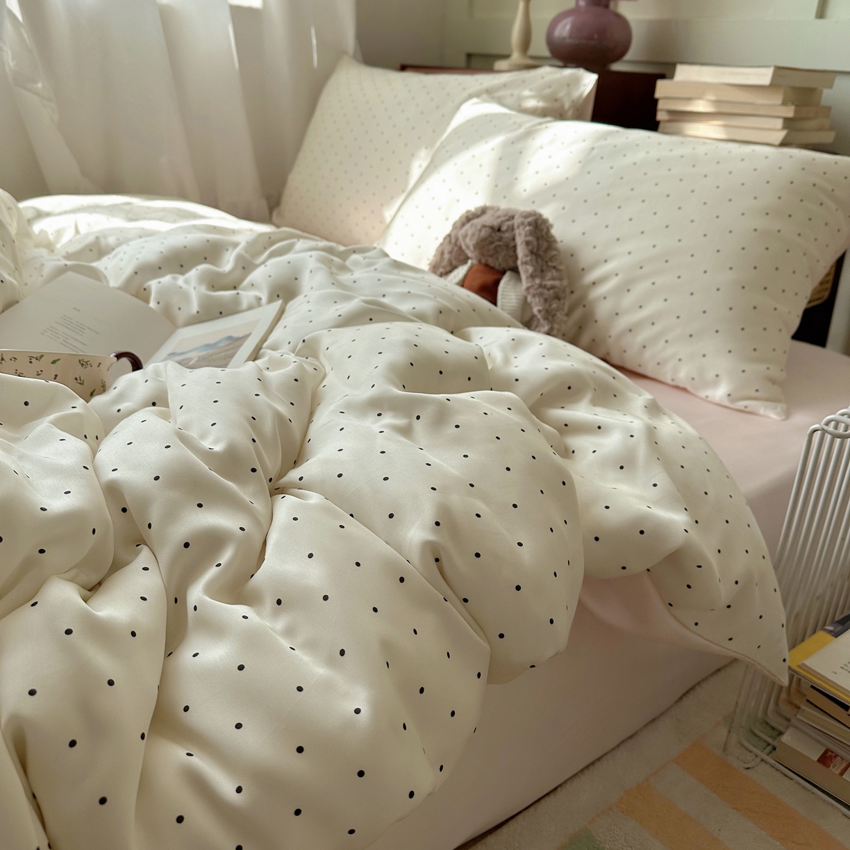 91家纺网 家纺一手货源 找家纺 爱彼家纺 2026新款亲肤冰丝印花四件套-系列二 冰丝-奶油粉波点