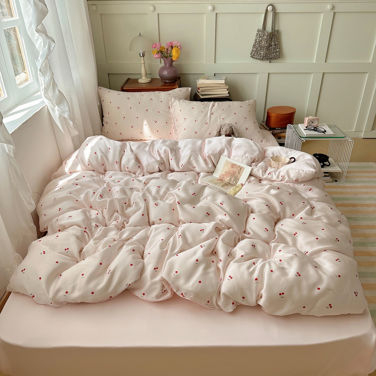 91家纺网 家纺一手货源 找家纺 爱彼家纺 2026新款亲肤冰丝印花四件套-系列二 冰丝-甜粉小樱桃