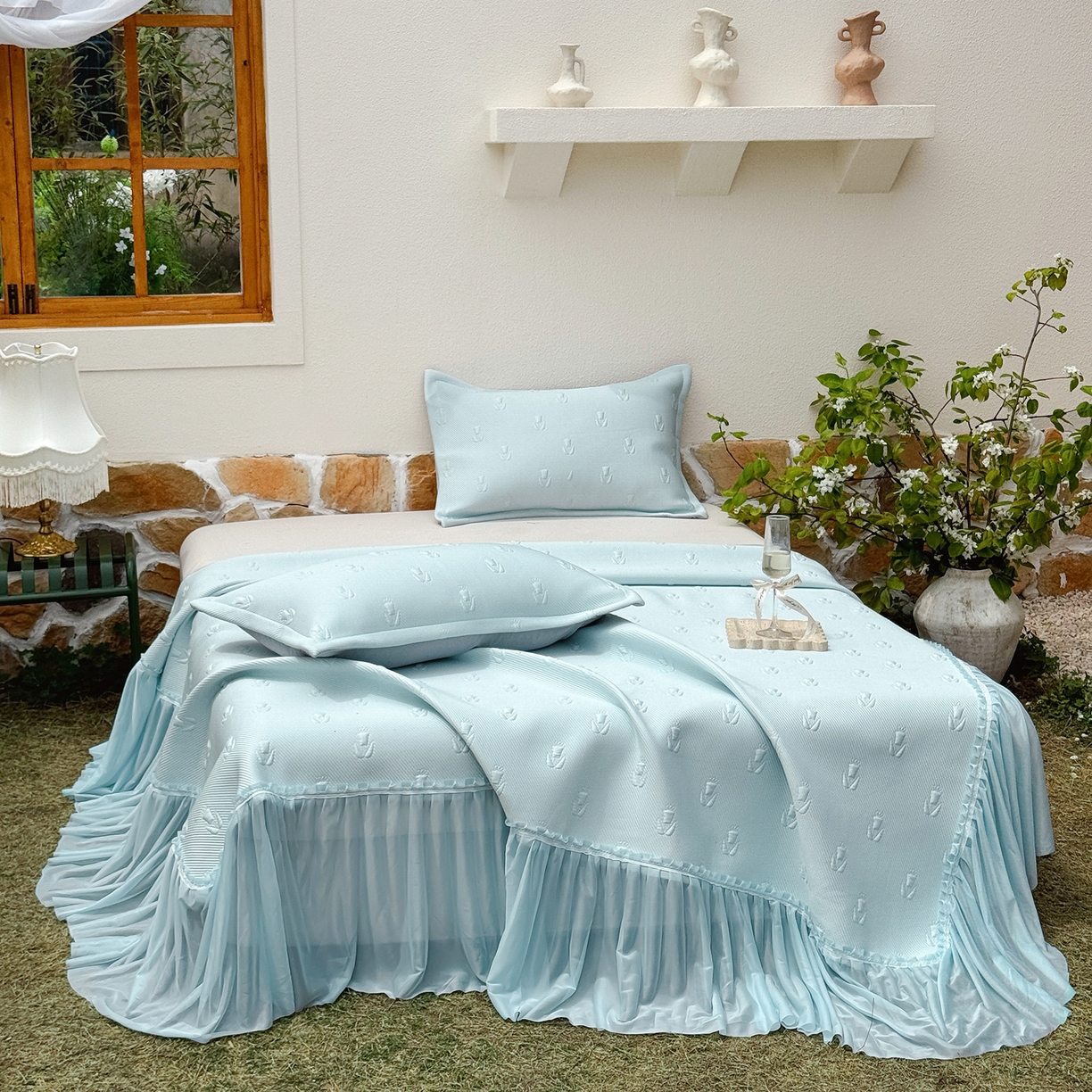 91家纺网 家纺一手货源 找家纺 （总）恋尚羽家纺 2026新款高分子PE凉泡泡大床裙凉感席波浪冰豆豆凉席席子三件套-郁金香