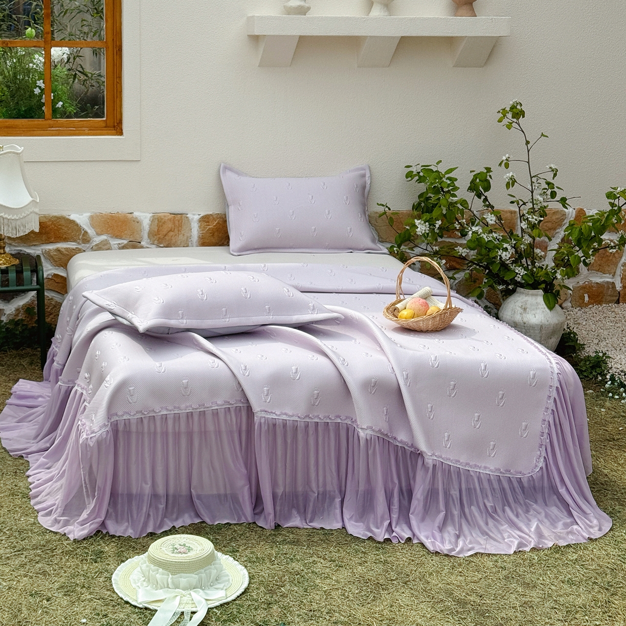 91家纺网 家纺一手货源 找家纺 （总）恋尚羽家纺 2026新款高分子PE凉泡泡大床裙凉感席波浪冰豆豆凉席席子三件套-郁金香