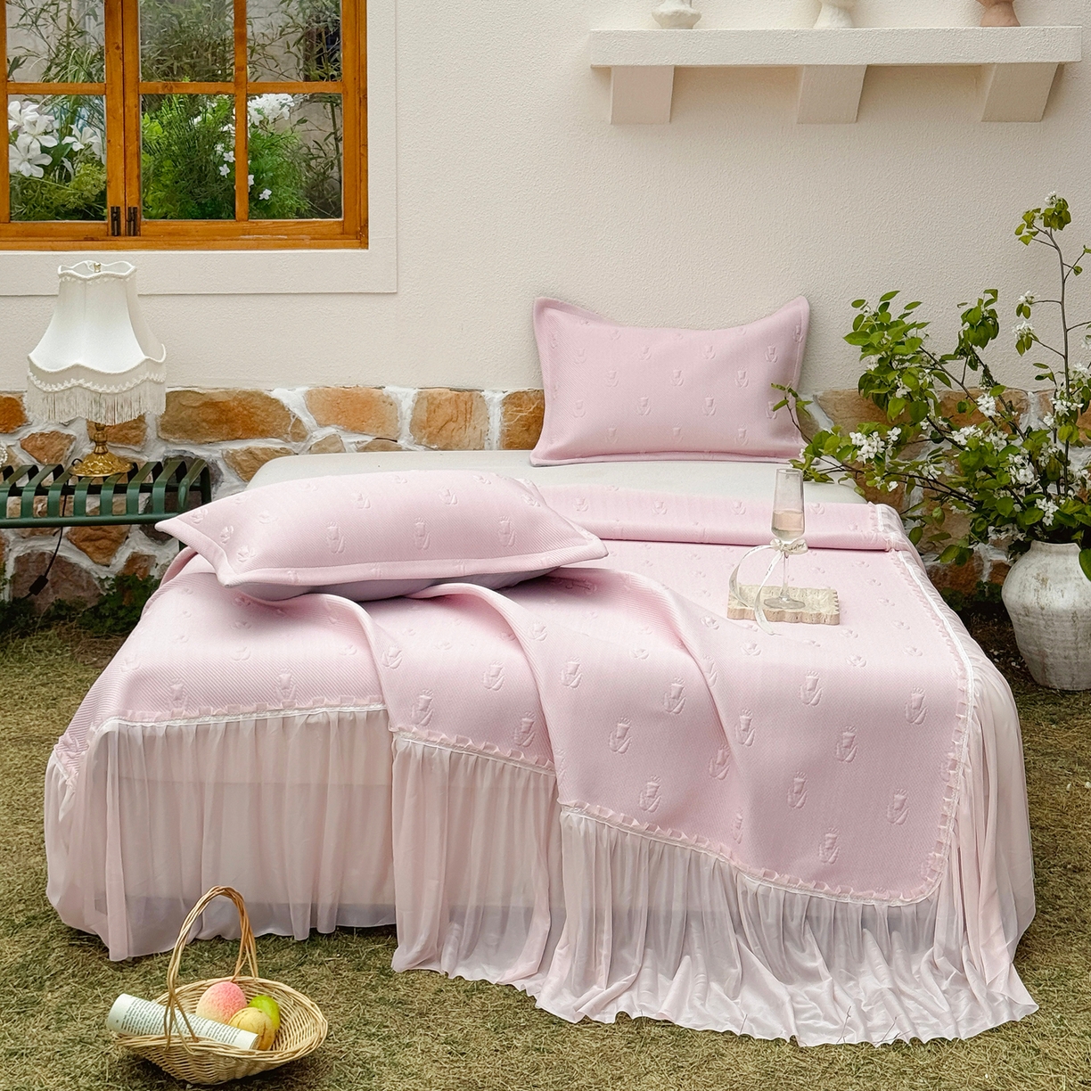 恋尚羽家纺 2026新款高分子PE凉泡泡大床裙凉感席波浪冰豆豆凉席席子三件套-郁金香 郁金香-粉色