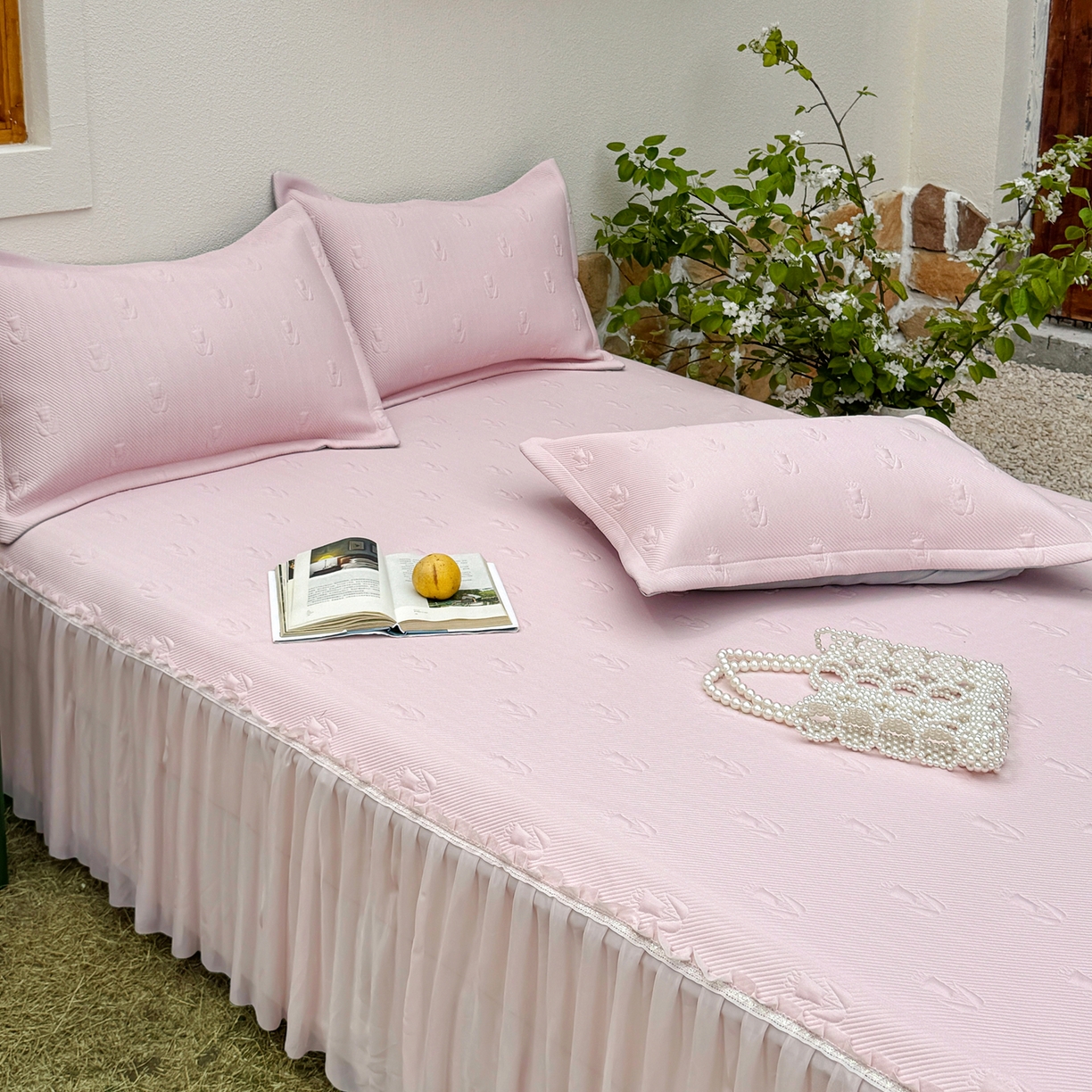 91家纺网 家纺一手货源 找家纺 恋尚羽家纺 2026新款高分子PE凉泡泡大床裙凉感席波浪冰豆豆凉席席子三件套-郁金香 郁金香-粉色